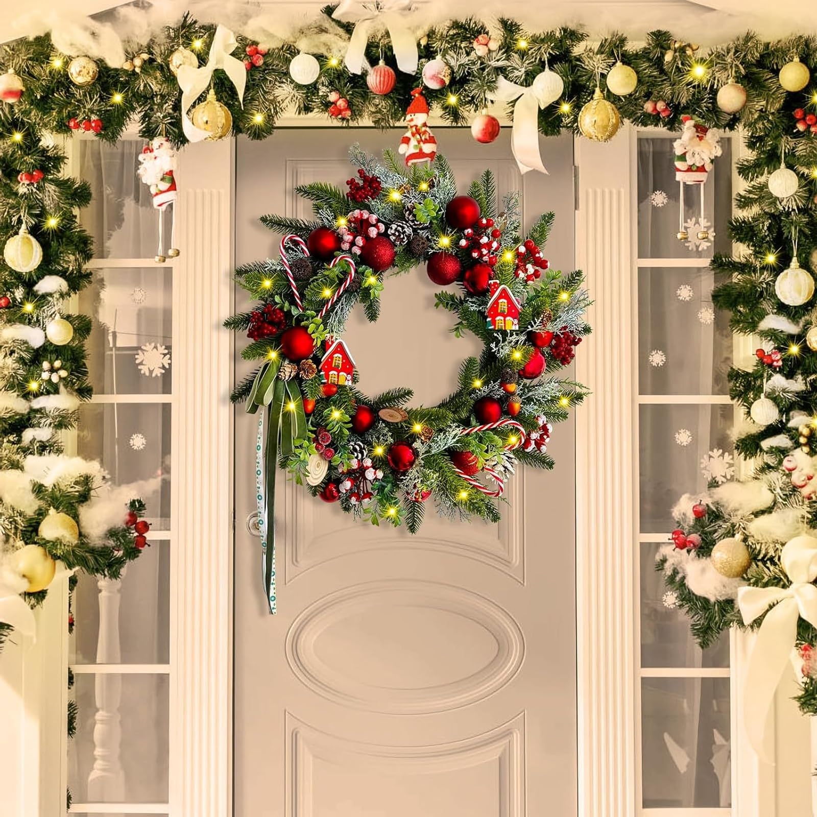 Corona artificial de Navidad para puerta con guirnalda de hoja perenne, adornos de bastón de caramelo, piñas, bayas y lazos para decoración de pared interior y exterior