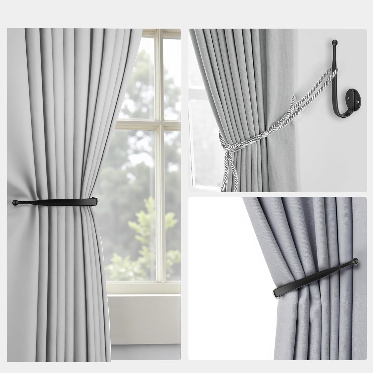 2pcs Curtain Holdbacks Black， Curtain Holders for Wall Mounted Curtain Pull Backs for Drapes, Curtain Side Holders Hooks,Backpack, Hat, Bedroom, Wall Mounted,Aluminum