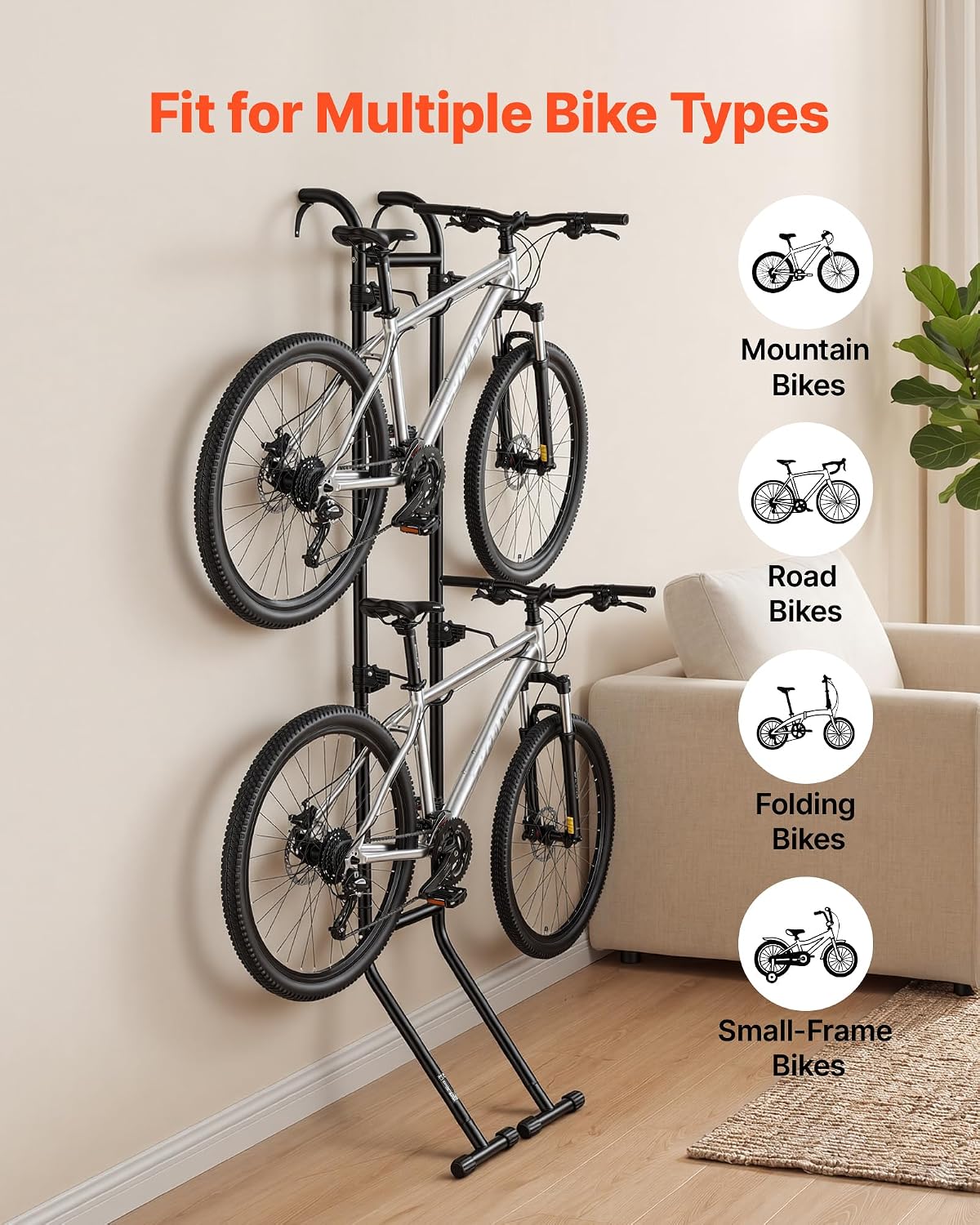 VEVOR Bike Stand for 2 Bikes, Freestanding Vertical Bike Storage Rack, with Height-Adjustable Hooks, Heavy-Duty Carbon Steel Standing Bicycle Floor Stand, Ideal for Garage, Apartment, Home, Black