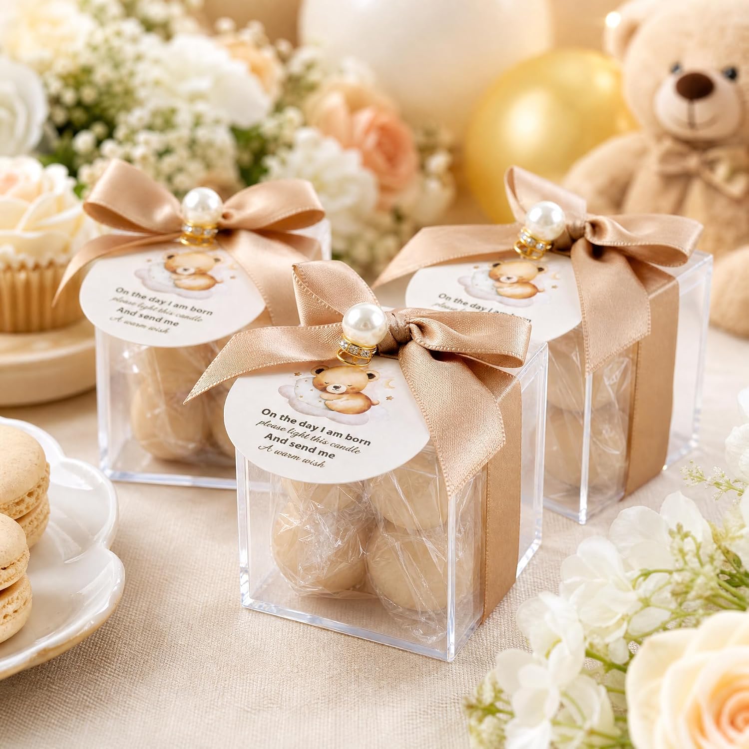 20 Set Fully Assembled Small Bubble Candles Elegant Baby Shower Favors Bulk Set with Decorative Ribbons Thank You Cards for Baby Shower Guest Gifts (20, Brown Bear)