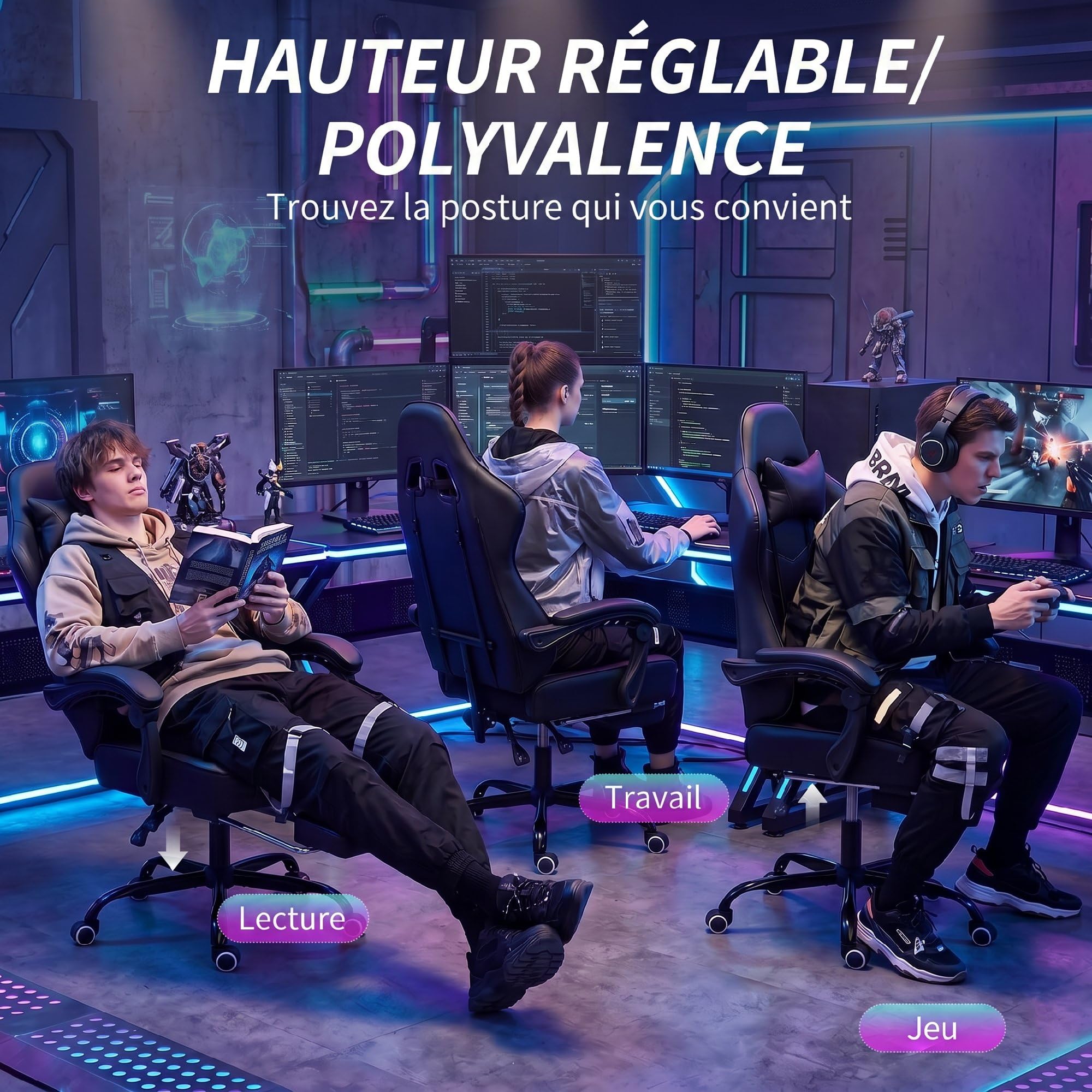 HOMCOM Silla Gaming Ergonómica Sillón Gamer 63 x 66 x 126-134 cm, Negro | Soporte para lumbar, respaldo reclinable, altura ajustable, reposapiés, reposacabezas, muebles de oficina