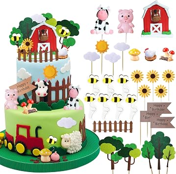30 PCS Farm Animal Cow Cake Topper Decorations for Farm Animal Theme Birthday Baby Shower Party Style A