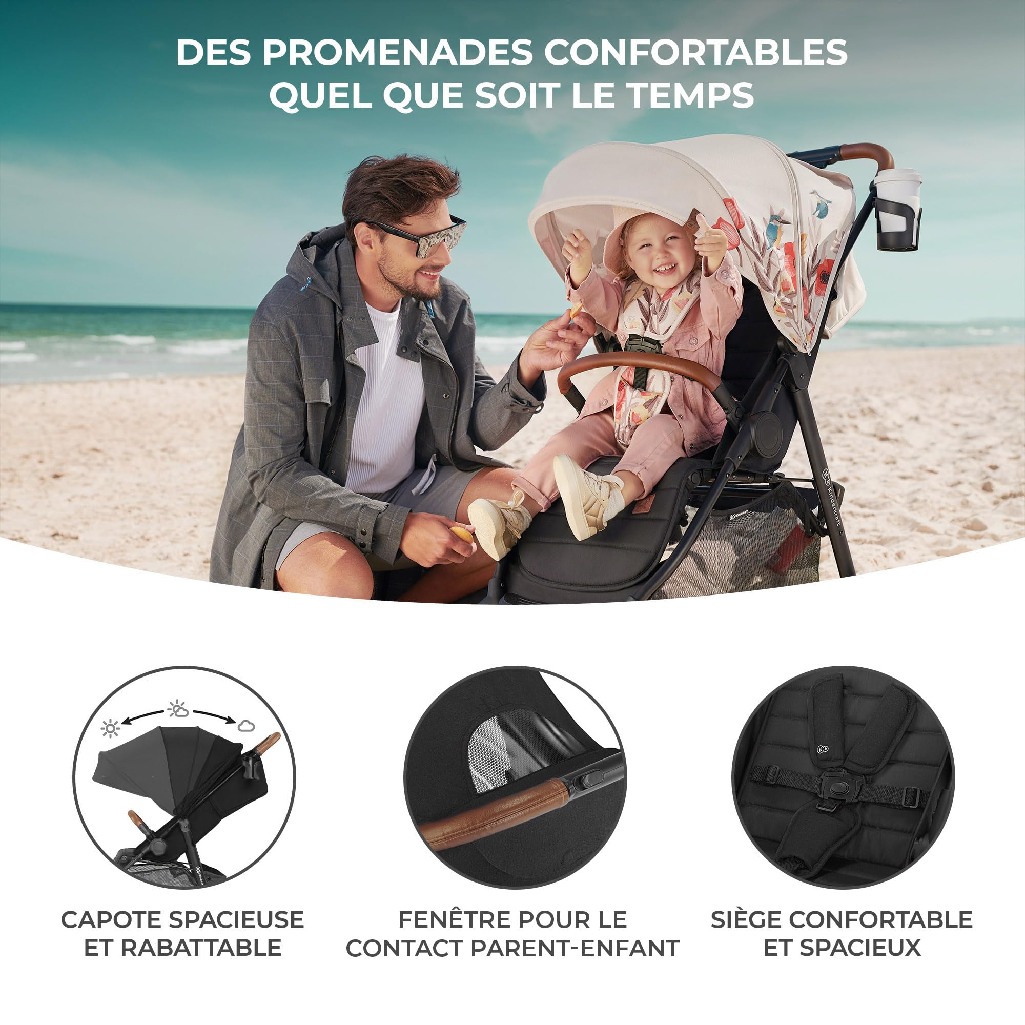 Kinderkraft GRANDE PLUS Poussette Canne dès la Naissance jusqu’à 22 kg, Pliage d'une seule main, Position allongée, Capote extensible, 4 Roues amorties, Noir
