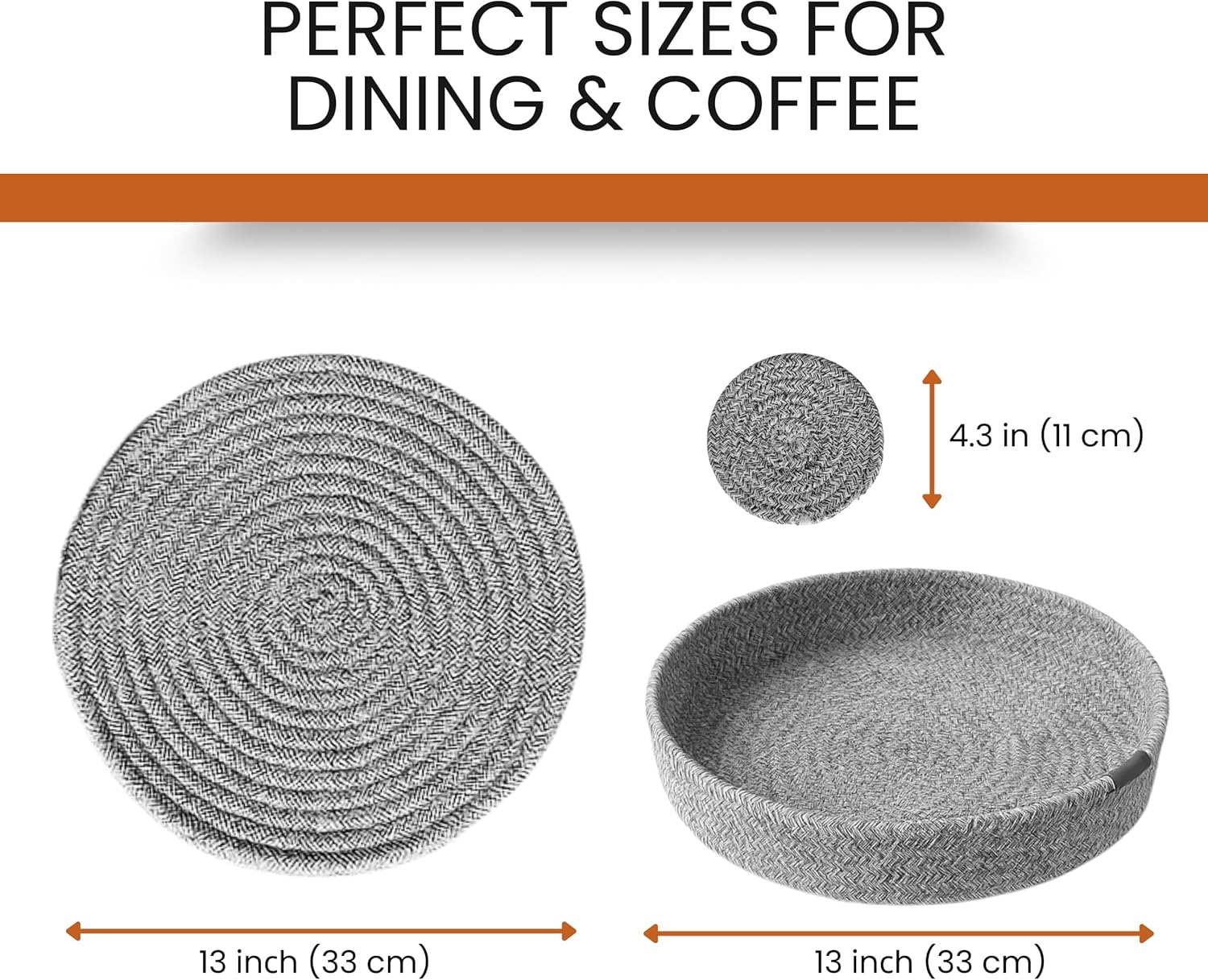 Set of 8 Gray Cotton Coasters – 4 Large 13in Cloth for Drinks + 4 Small Tea Coaster Pads with Holder – Woven Coaster Bedroom Set – Soft Kitchen Coasters and Cup mats for Daily use