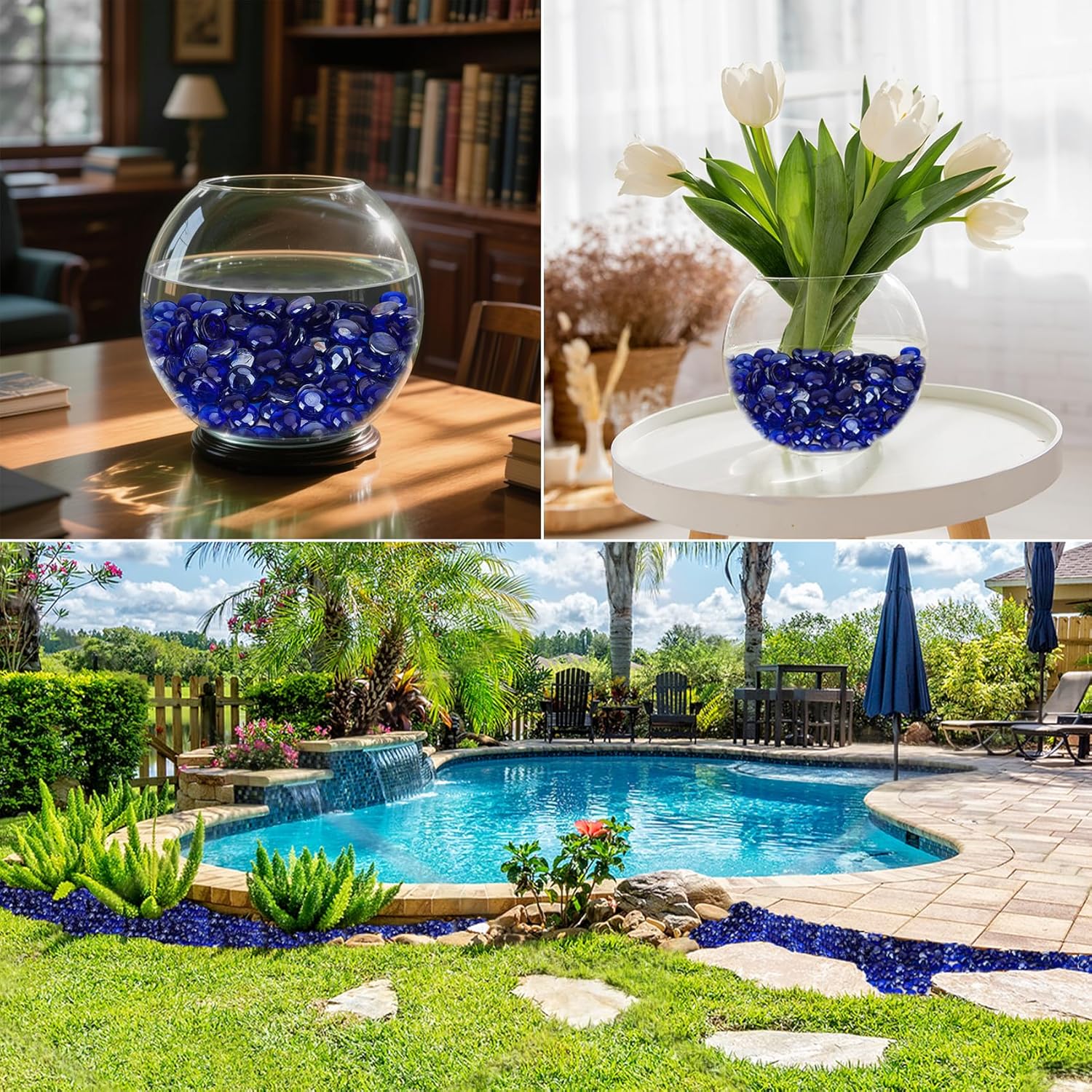Skyflame 10-Pound Fire Glass Beads for Fire Pit Fireplace, 1/2-Inch Size Royal Cobalt Blue Luster Decorative Blended Fireglass Drops for Landscaping