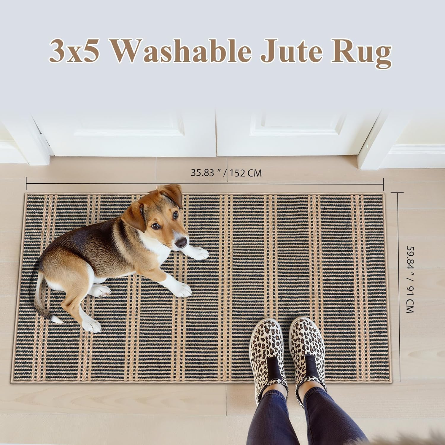 LIVEBOX Easy Jute Indoor Outdoor Rug 3x5 Front Porch, Black Striped Washable Outdoor Rugs for Entryway Living Room, Non Slip Rug Geometric Carpet Door Mat for Entry Front Door, Patio, Kitchen, Bedroom