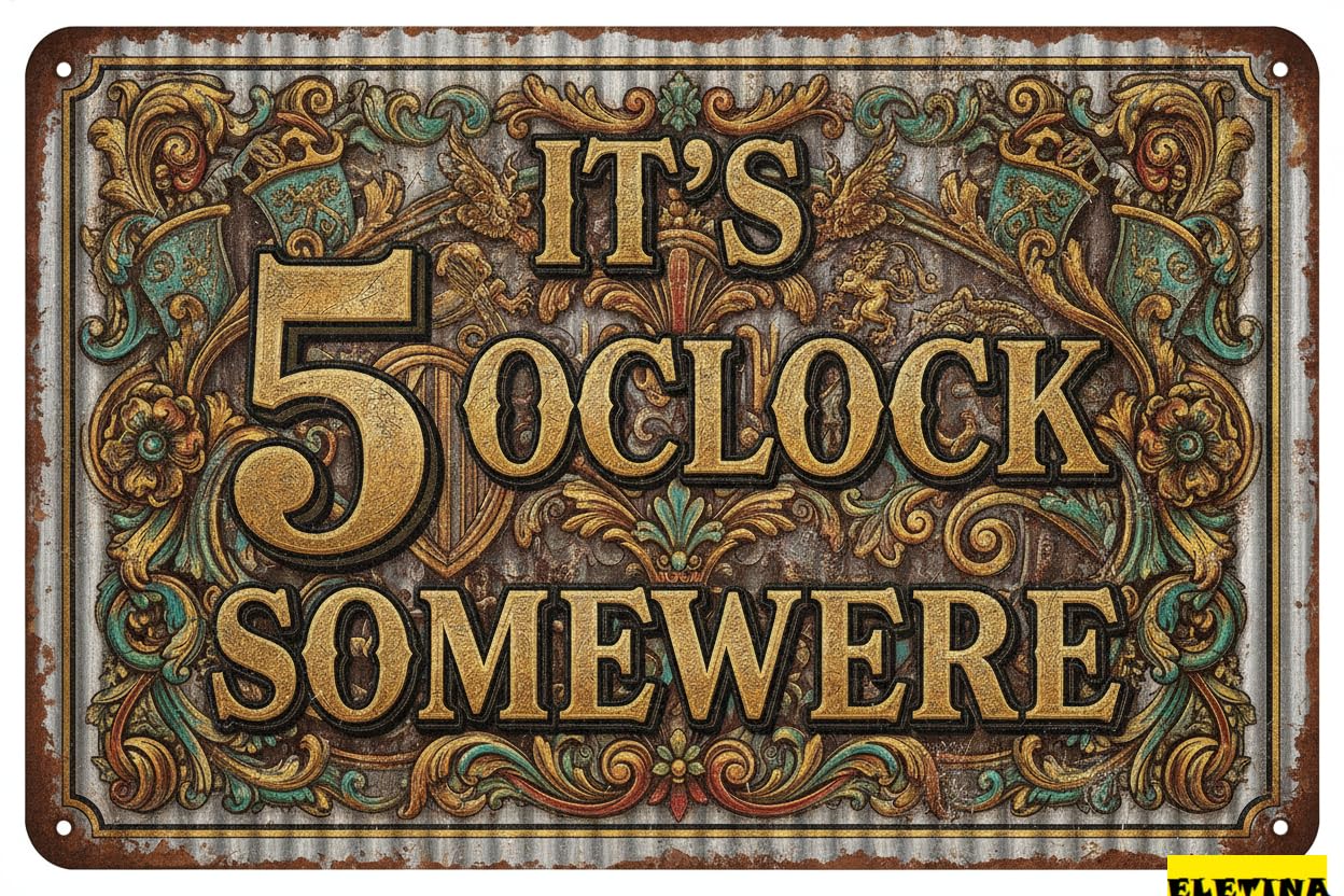 It's 5 O'clock Somewhere Funny Metal Tin Sign Surfboard Bar Wall Decor Home Garage Man Cave Gift 8x12in