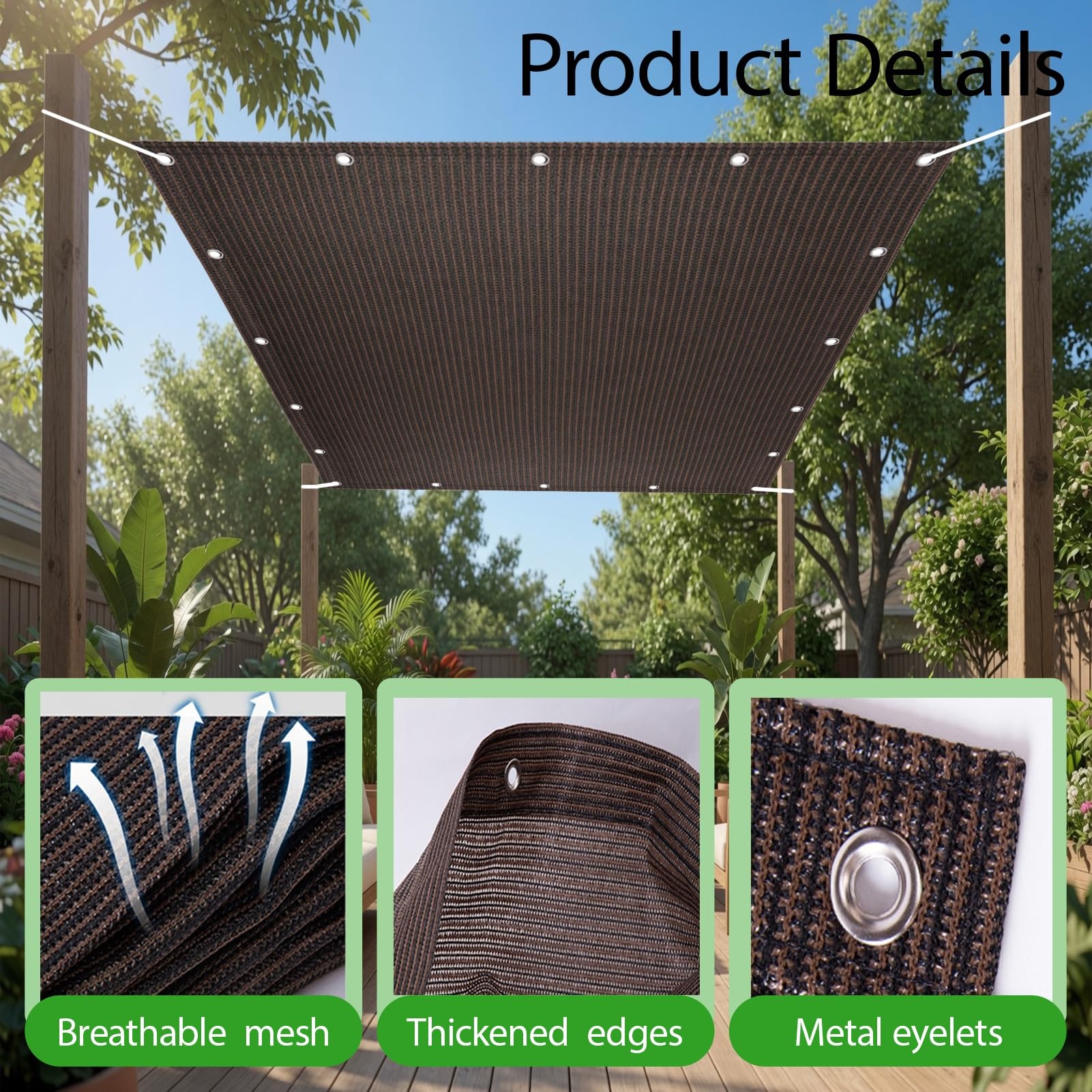 Żagiel Przeciwsłoneczny HDPE Prostokątny 225 x 590 cm Oddychający HDPE Oddychający Oczka Ze Stali Nierdzewnej Dla Patio, Dziedzińca I Basenu, brązowy