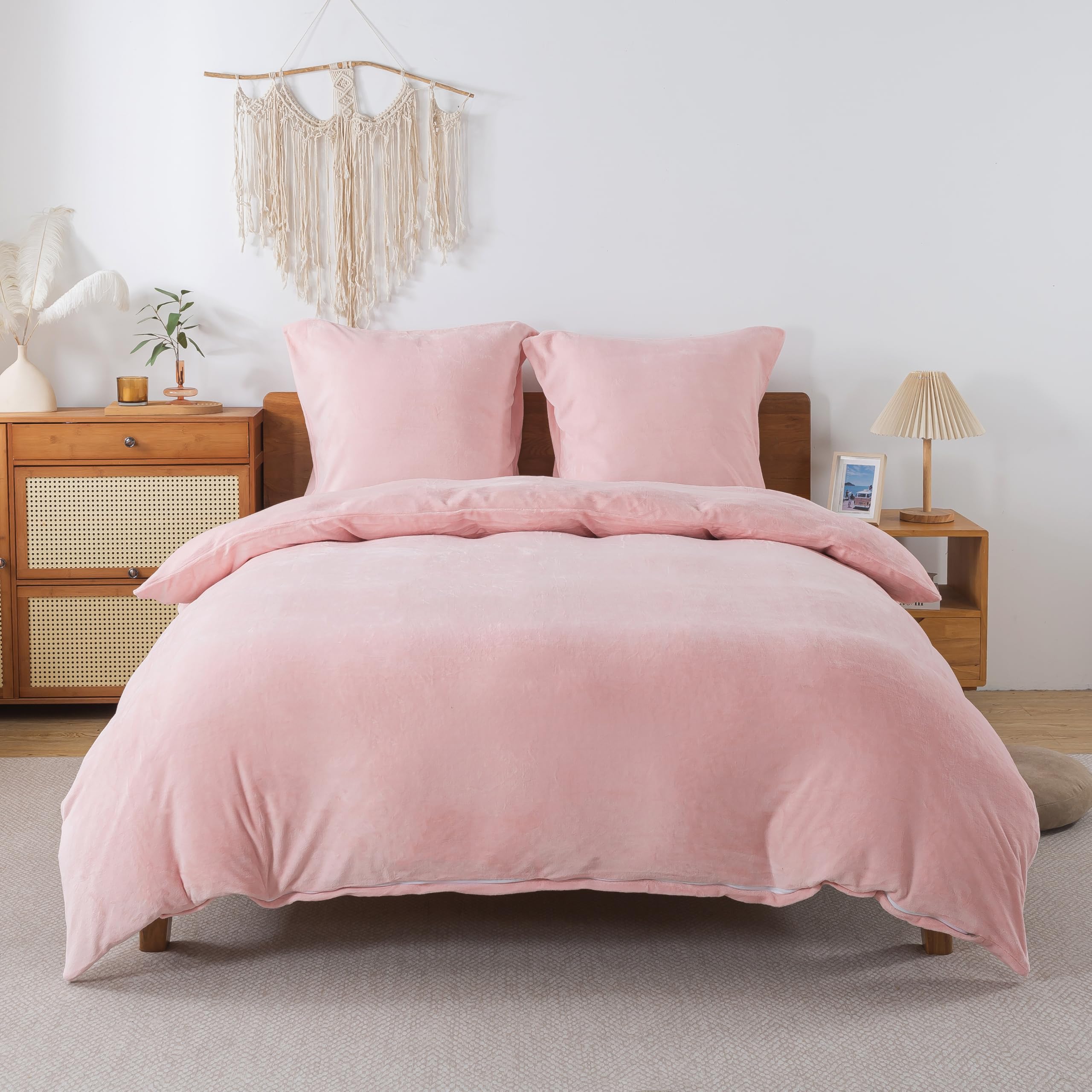 Juego de ropa de cama esponjosa de 200 x 200 cm, color rosa – Edredón de otoño invierno con 2 fundas de almohada de 80 x 80 cm, juego de ropa de cama de castor cálido, suave y acogedor