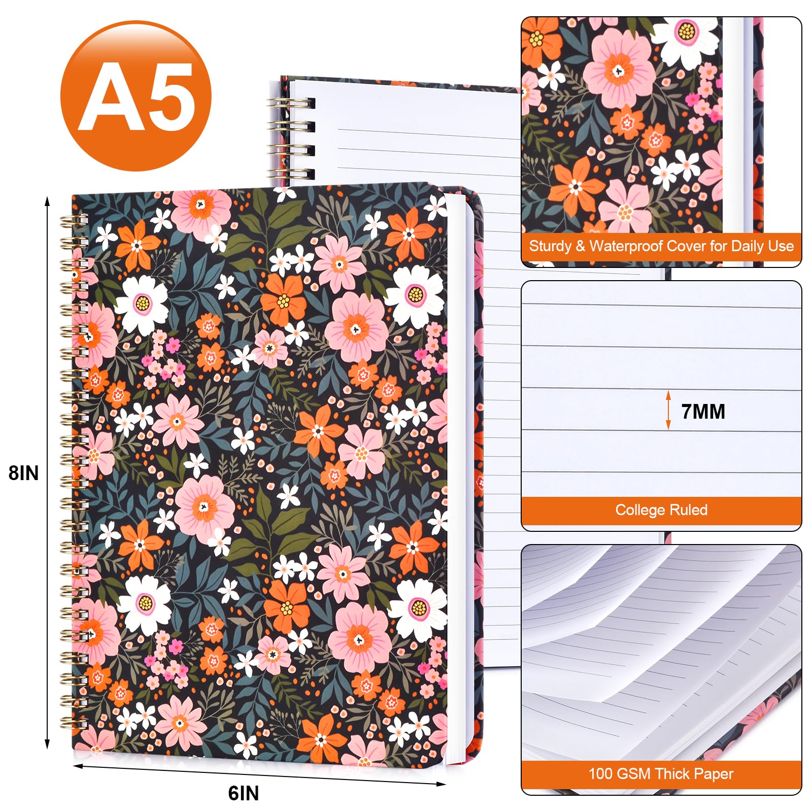 Taccuino a spirale da donna, quaderno a spirale con motivo floreale a righe, copertina rigida, 140 pagine, quaderni per lavoro e diario, prendere appunti, A5 100 g/m² e tasca fronte-retro