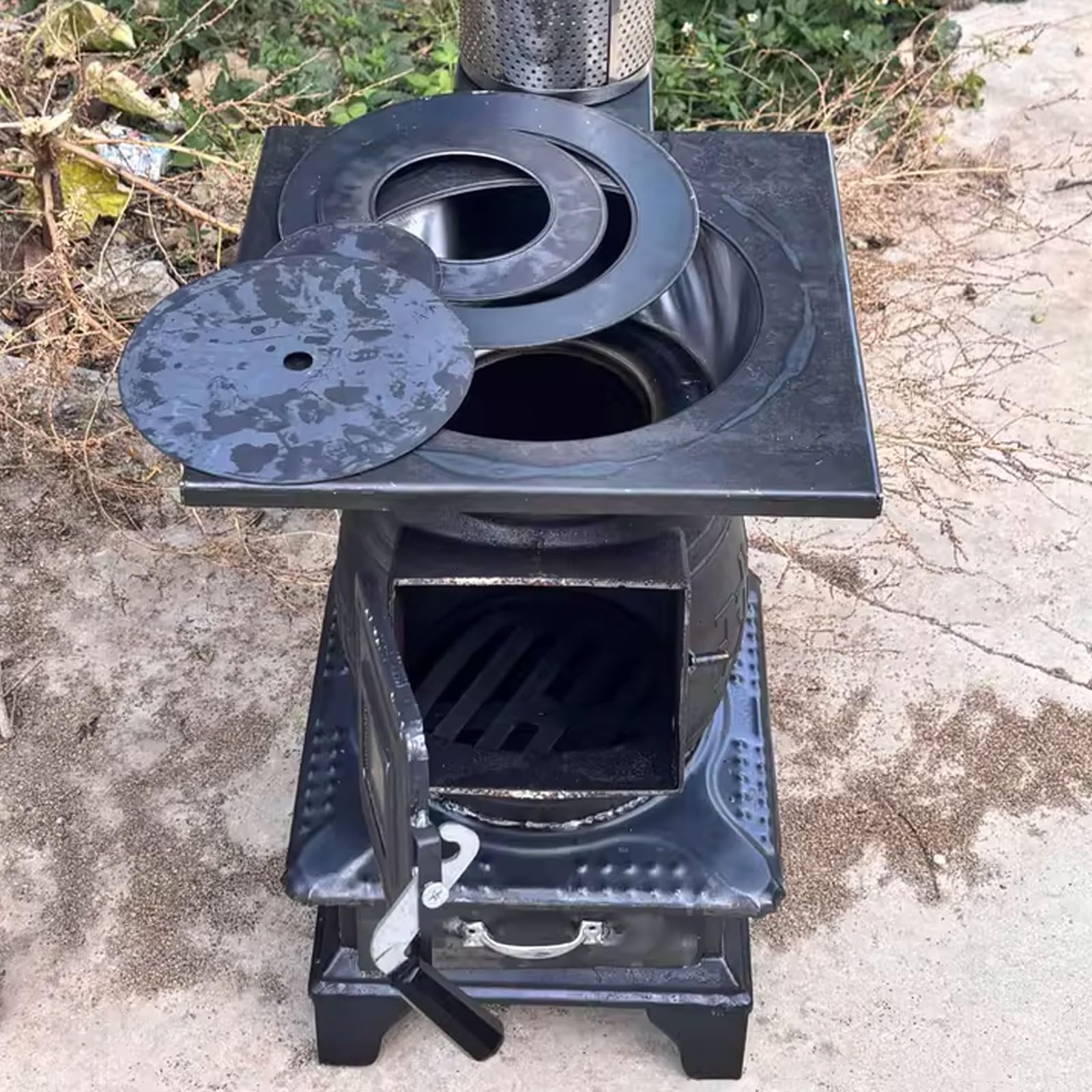 Stufa A Legna Braciere Da Esterno Stufa A Pellet Piccola Rivestimento Interno in Ghisa Include Spatola, Pinza, Gancio E Canna Fumaria Da 100 Cm Fornello Multiuso