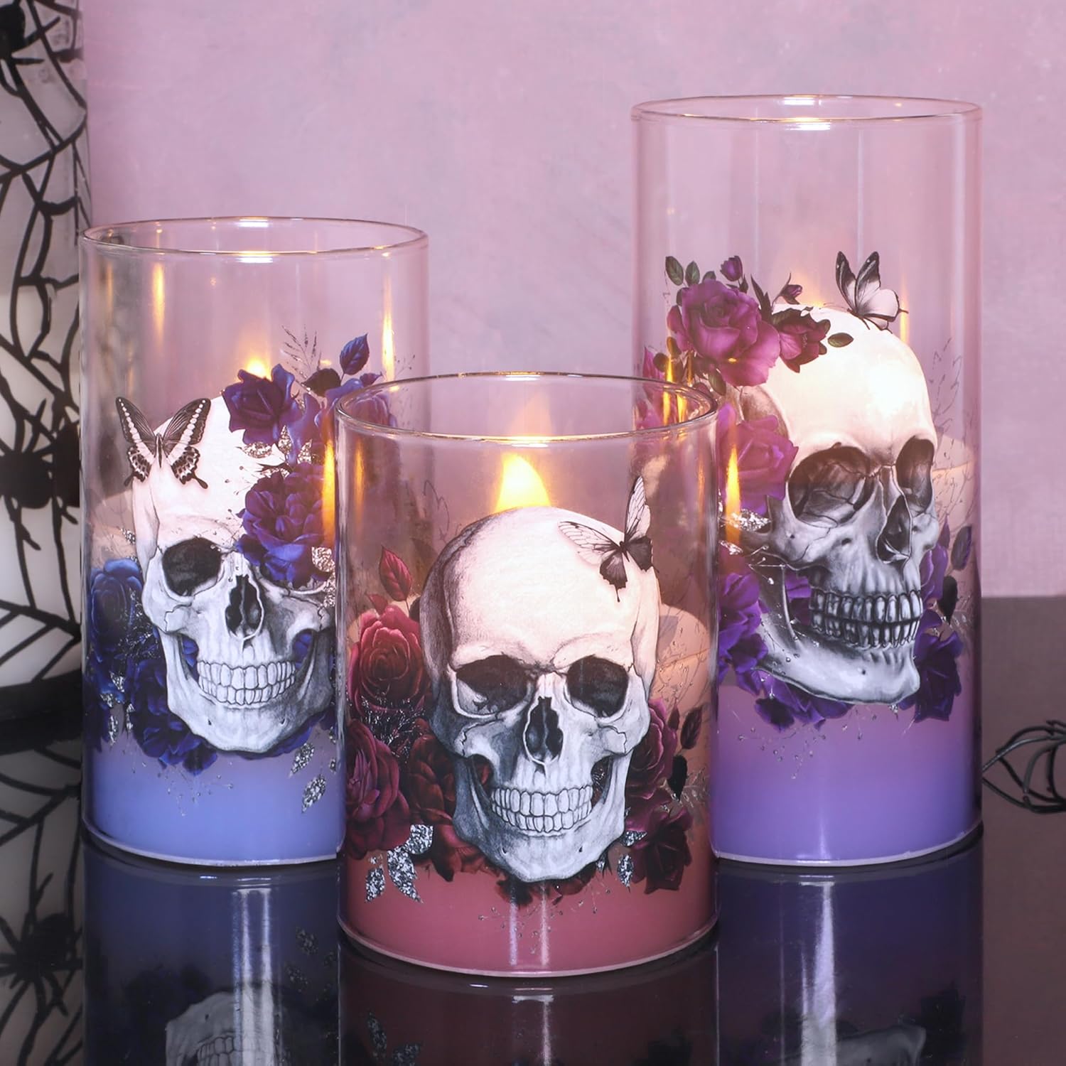Halloween Decor Flameless Candles Battery Operated LED Pillar Candles with Remote Timer, Set of 3 Skull Rose Butterfly Decals Spooky Themed Candles for Indoor Halloween Decorations