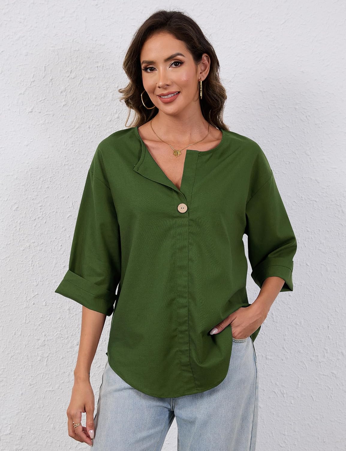 Summer Linen Shirts for Women Button Down V Neck 3/4 Sleeve T-Shirt Blouse Casual Loose Basic Solid Tunic Tops 2025 - Image 2