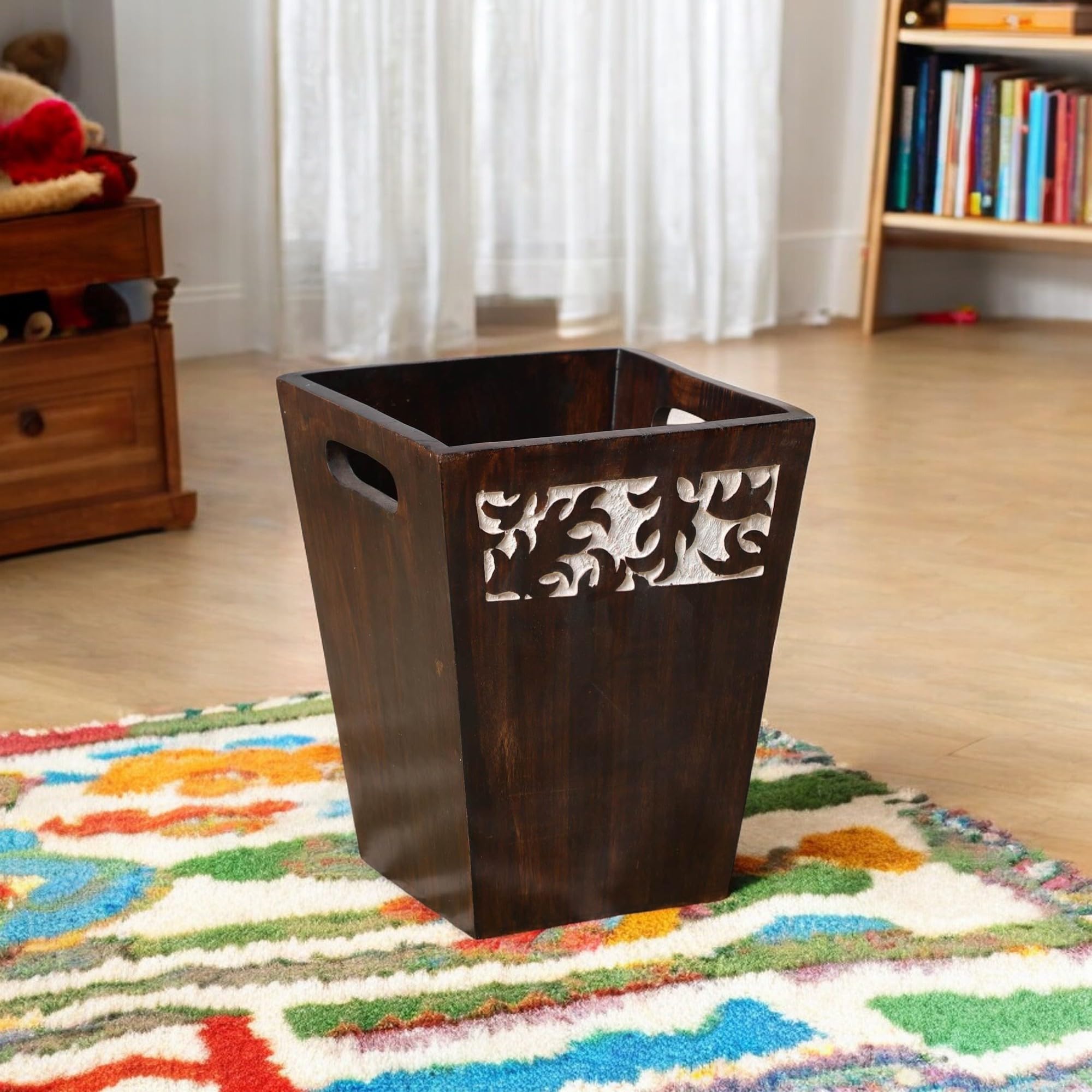 THE URBAN STORE Paper Bin, Dust Bin, Trash Can Wooden Walnut Color 12" x 8" Pack Of One Victorian Style Elegantly Floral Hand Crafted For Home And Office TUSDB00