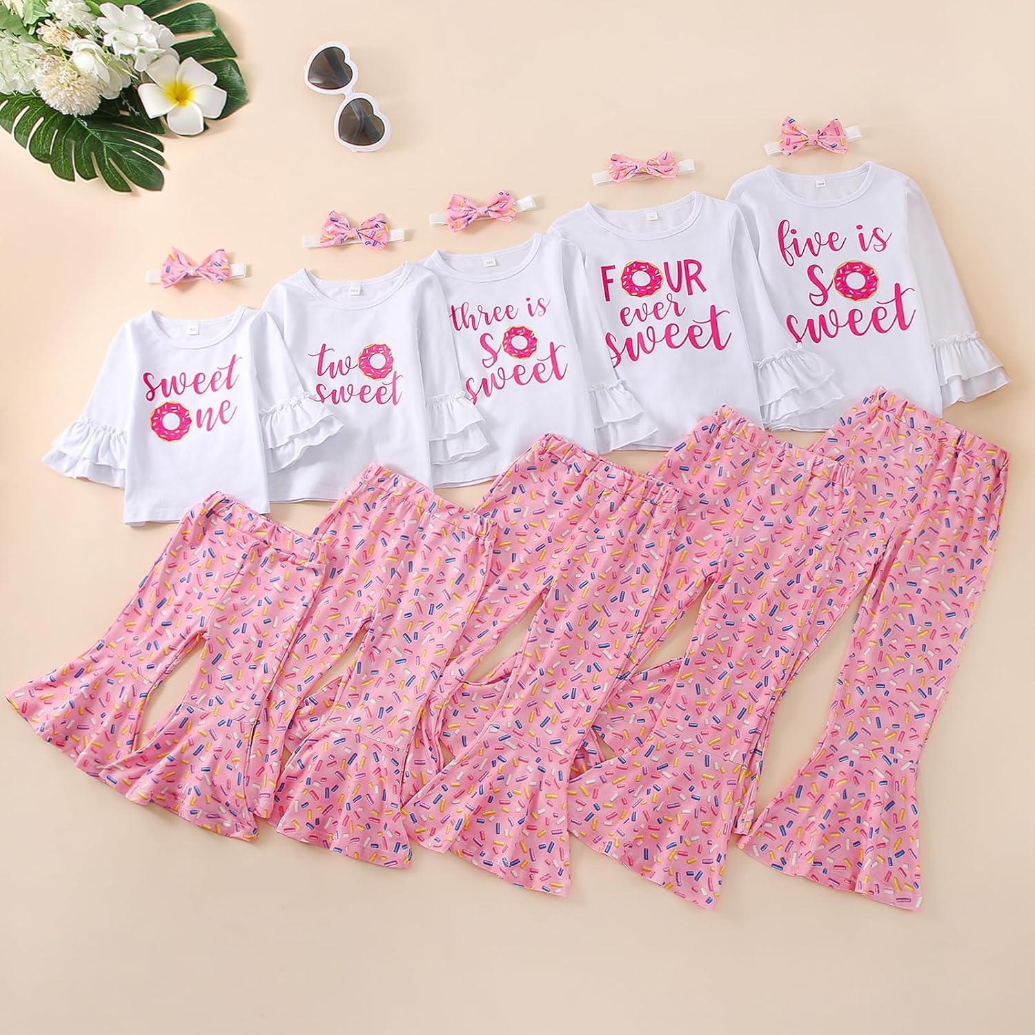 Toddler Baby Girls Birthday Outfits Letter Tassel Shirt Donut Cake Floral Flared Long Pants Headband 3Pcs Summer Set - Image 2