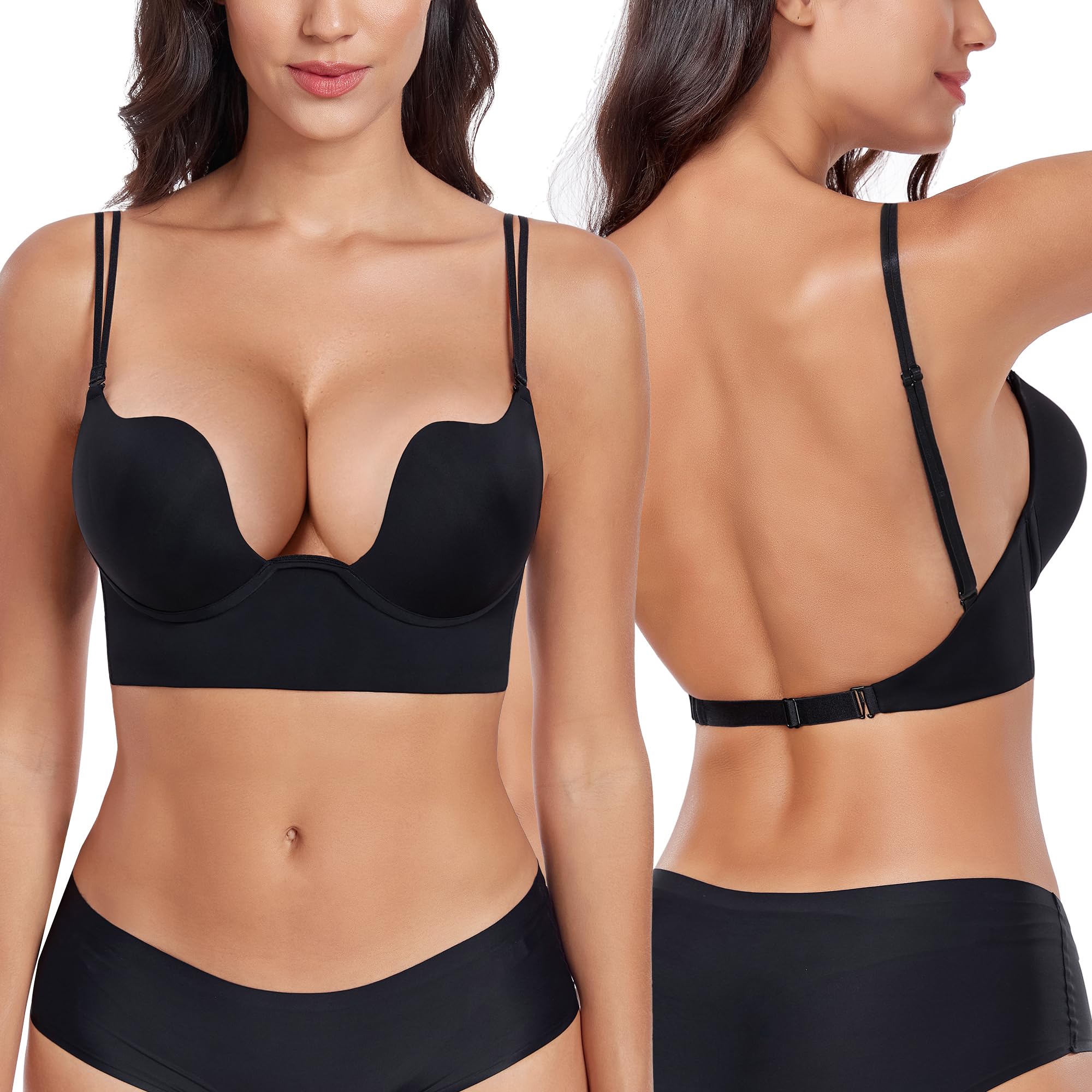 Curyon Plunge BH Rückenfrei Push Up Tiefer U-Schnitt Körbchen mit Bügel Kleine Brüste [Cup A-D] Niedrigem Rücken BHS für Zeremonien Hochzeiten Abschlussfeier Ball Feste Dating Alltag