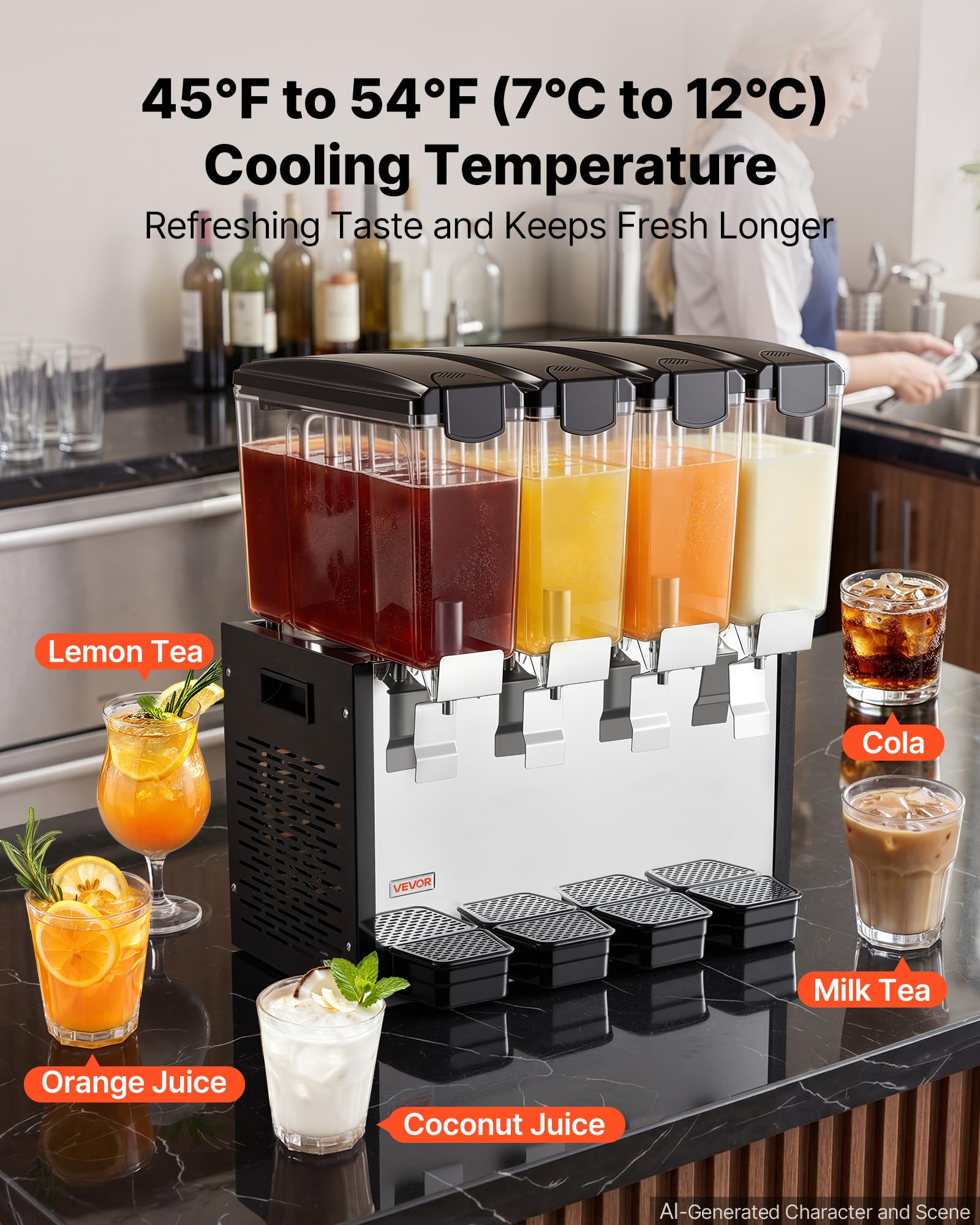 VEVOR Distributeur de Boissons Réfrigérées 4x10 L Fontaine à Jus de Fruits