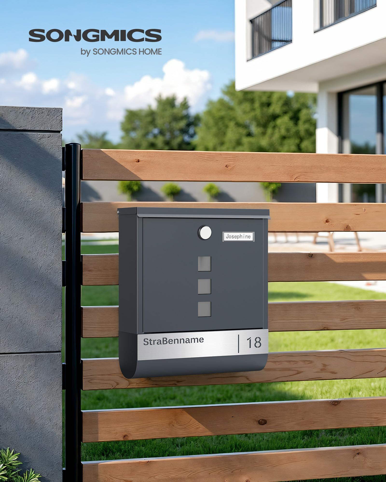 SONGMICS Briefkasten personalisiert, mit Namensschild, Hausnummernschild, Postkasten, Zeitungsfach, Sichtfenster, Schloss, modern, 10 x 30,8 x 33,8 cm, anthrazit GMB082G01