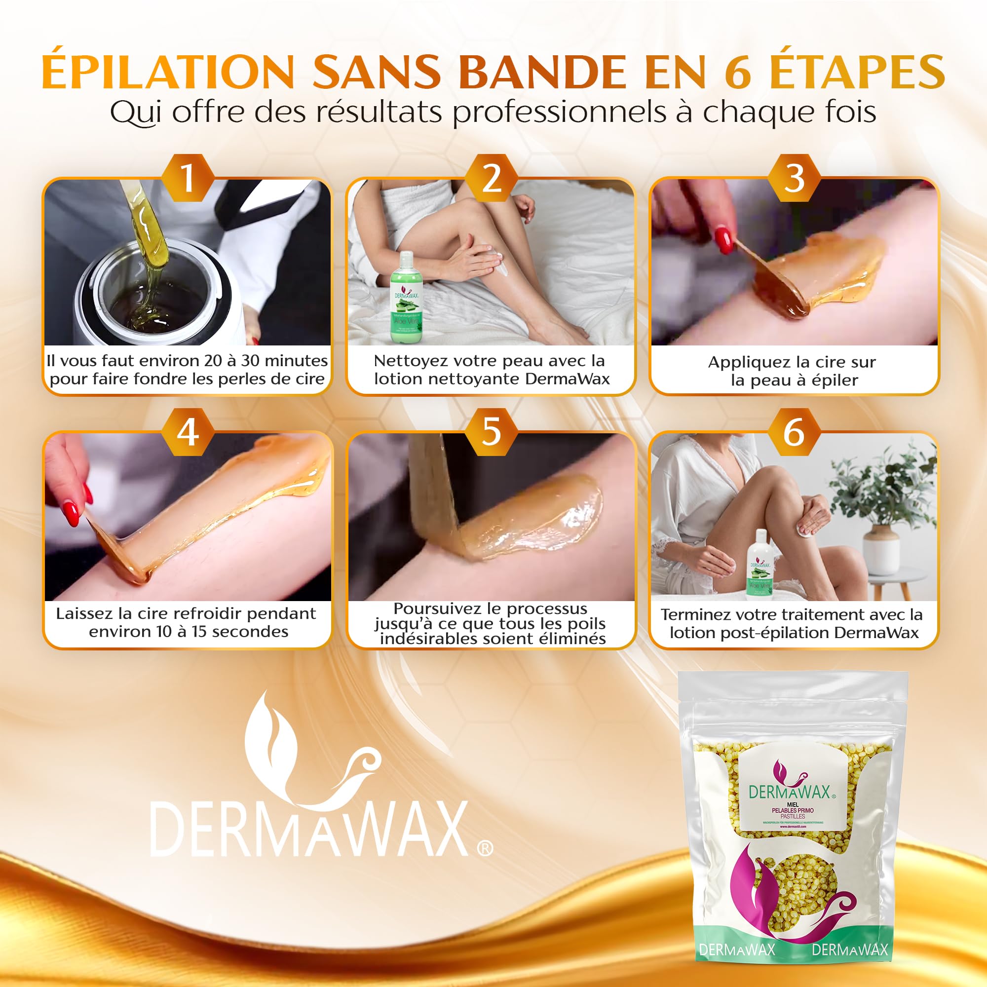 DERMAWAX Perles de Cire au Miel 1 kg - Cire Pelable, Épilation Sans Bande | Cire chaude professionnelle au miel et à la cire d’abeille, sans parfum ajouté - visage, corps et maillot, sans bandes