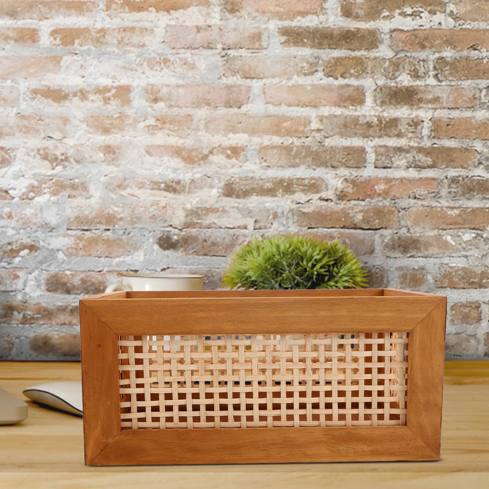 Cesta Rústica de Madera Rectangular para Almacenamiento y Decoración | Bambú Tejido, Asas Integradas, Color Caqui, Uso en Encimera y Oficina, Apta para Libros y Material