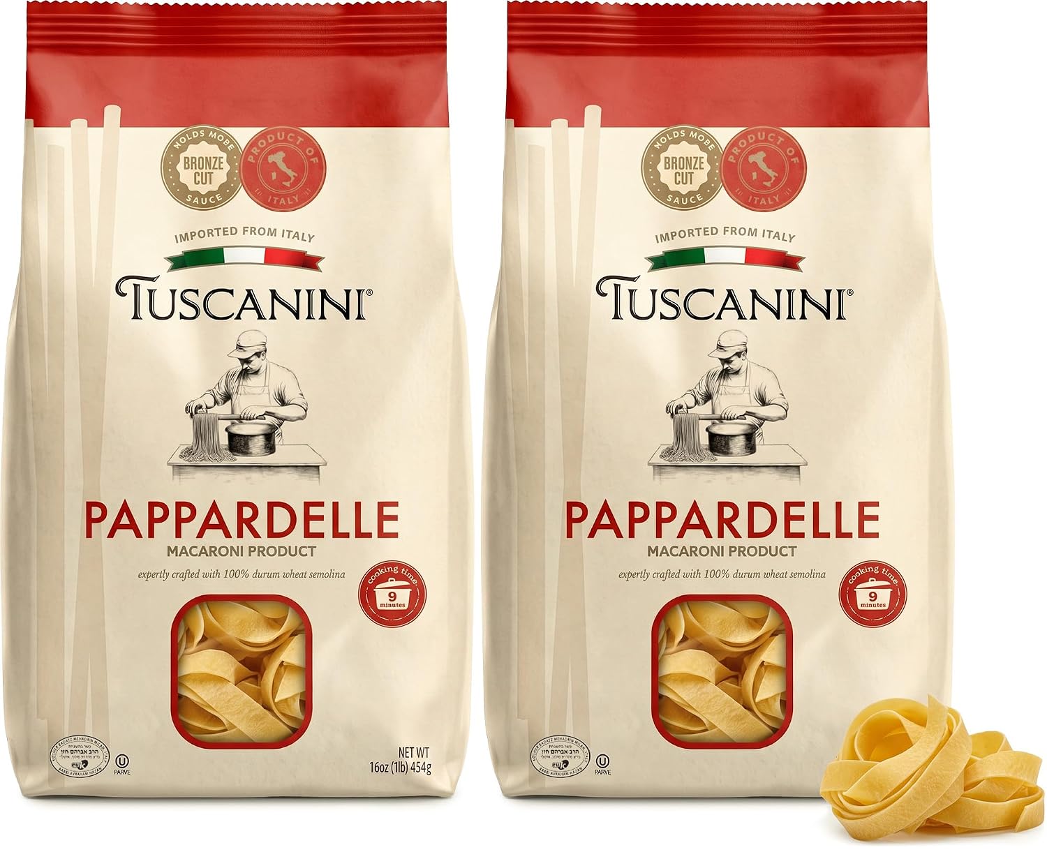 Tuscanini Bronze Cut Pappardelle Pasta, 16 oz (2 Pack) | Imported from Italy, Authentic Italian Macaroni Product, Wide Ribbon Pasta, Rough Texture Holds More Sauce, Kosher