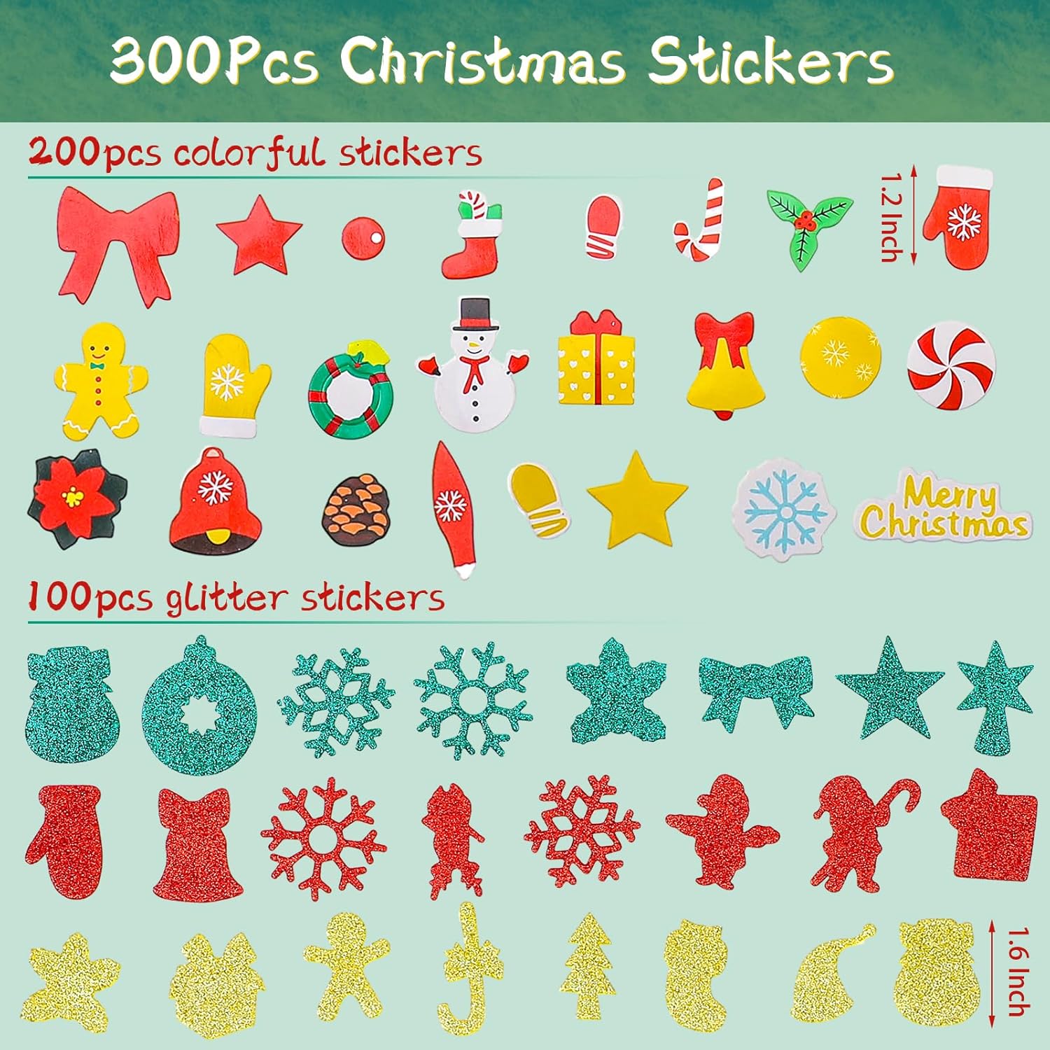 300 Piece Christmas Foam Stickers, Xmas Style Glitter Self-Adhesive Stickers for Winter Christmas Gifts Greeting Cards Party Crafts Decoration - Image 2