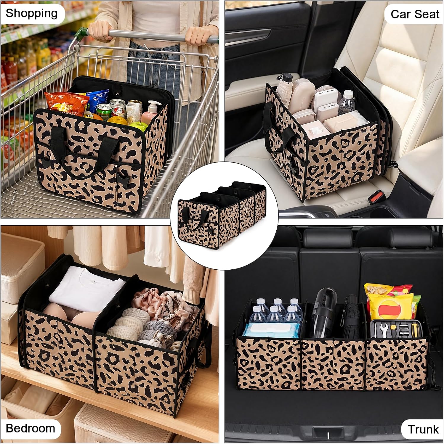 Leopard Trunk Organizer Foldable Car Organizer Portable Car Accessories for SUV & Sedans Waterproof Nylon Storage Box