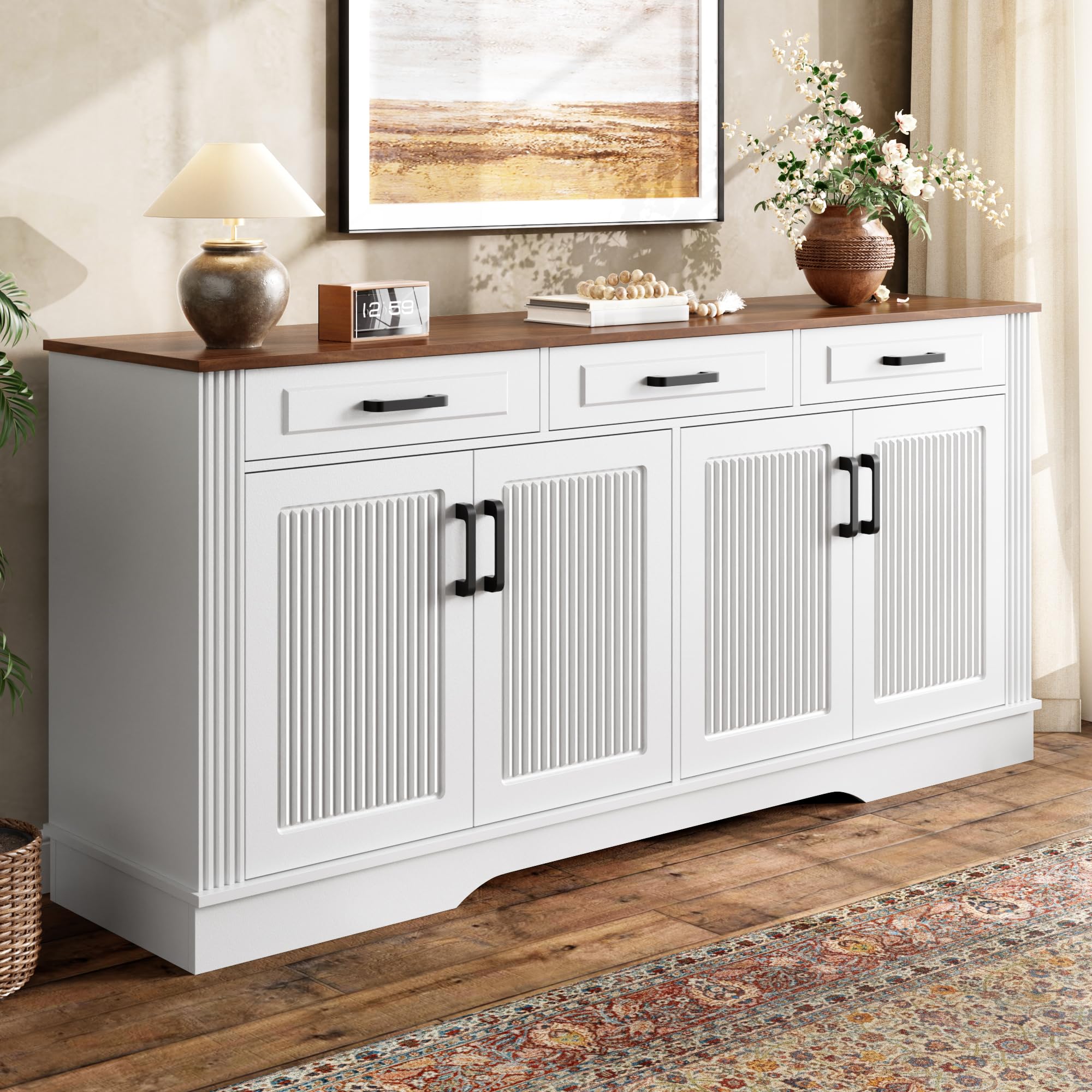 Sideboard Buffetschrank mit 4 Türen, 160 cm Küchenschrank Kommode mit 3 Schubladen, Moderne Stauraum Kücheninsel mit Regal, Aufbewahrungsschrank für Wohnzimmer, Esszimmer, Weiß, 160x40x75cm