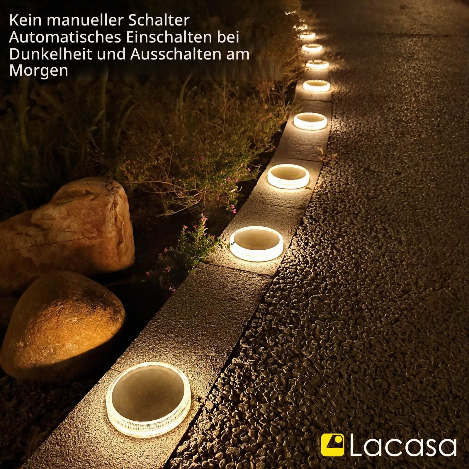 Lacasa Solarleuchten für Außen, 4 Stück Garten Solarlampen Bodenleuchte | 50LM Extrem Hell, LED Wegeleuchten, Warmweiß, IP68 Wasserdicht, Auto ON/OFF, Gartenleuchten für Garten Terrasse Hof Gehwege