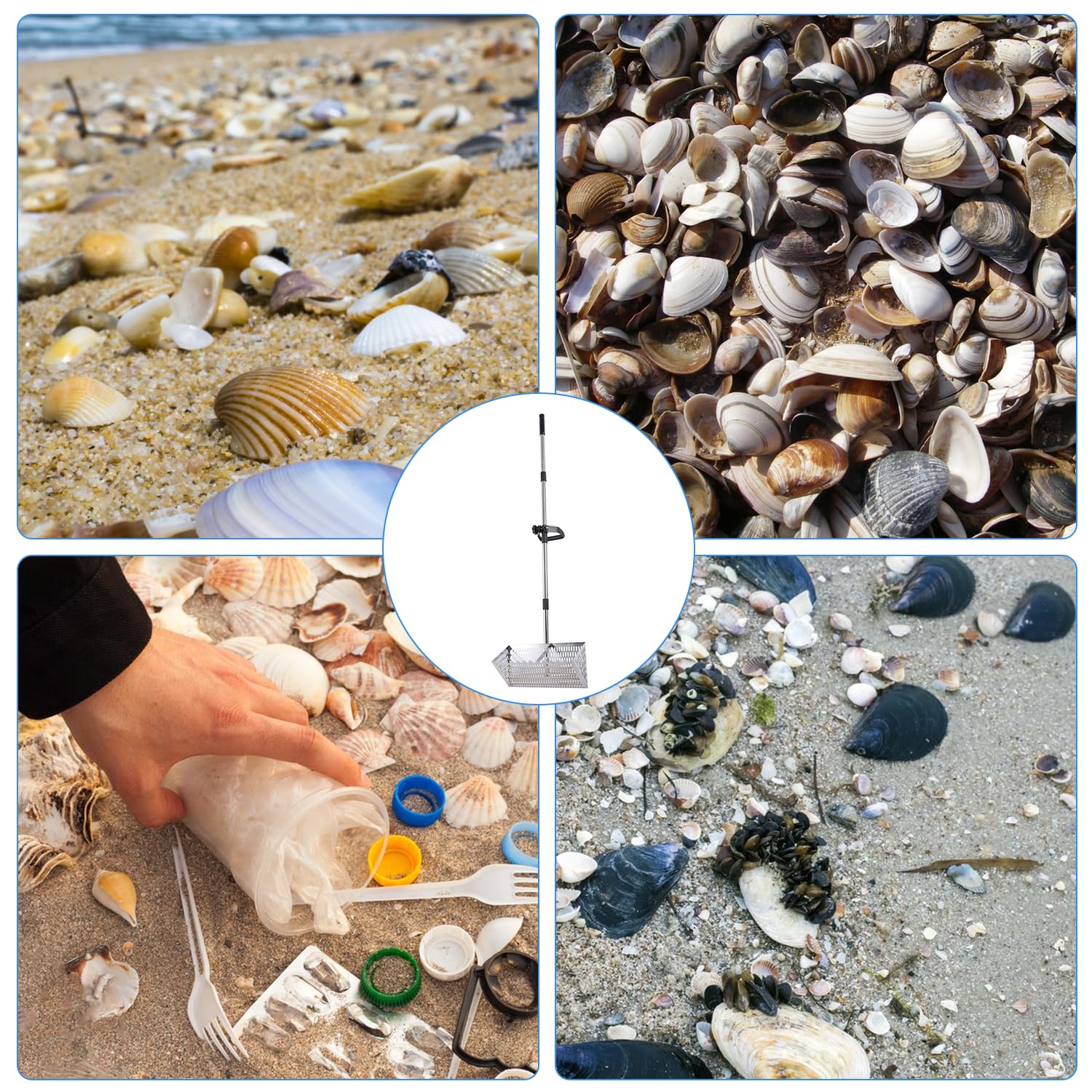 Rastrillo de pulgas de arena para playa, pala y tamiz de arena de acero inoxidable, rastrillo de dientes de tiburón extra grande de 16 pulgadas de ancho con mango desmontable de 55 pulgadas de largo