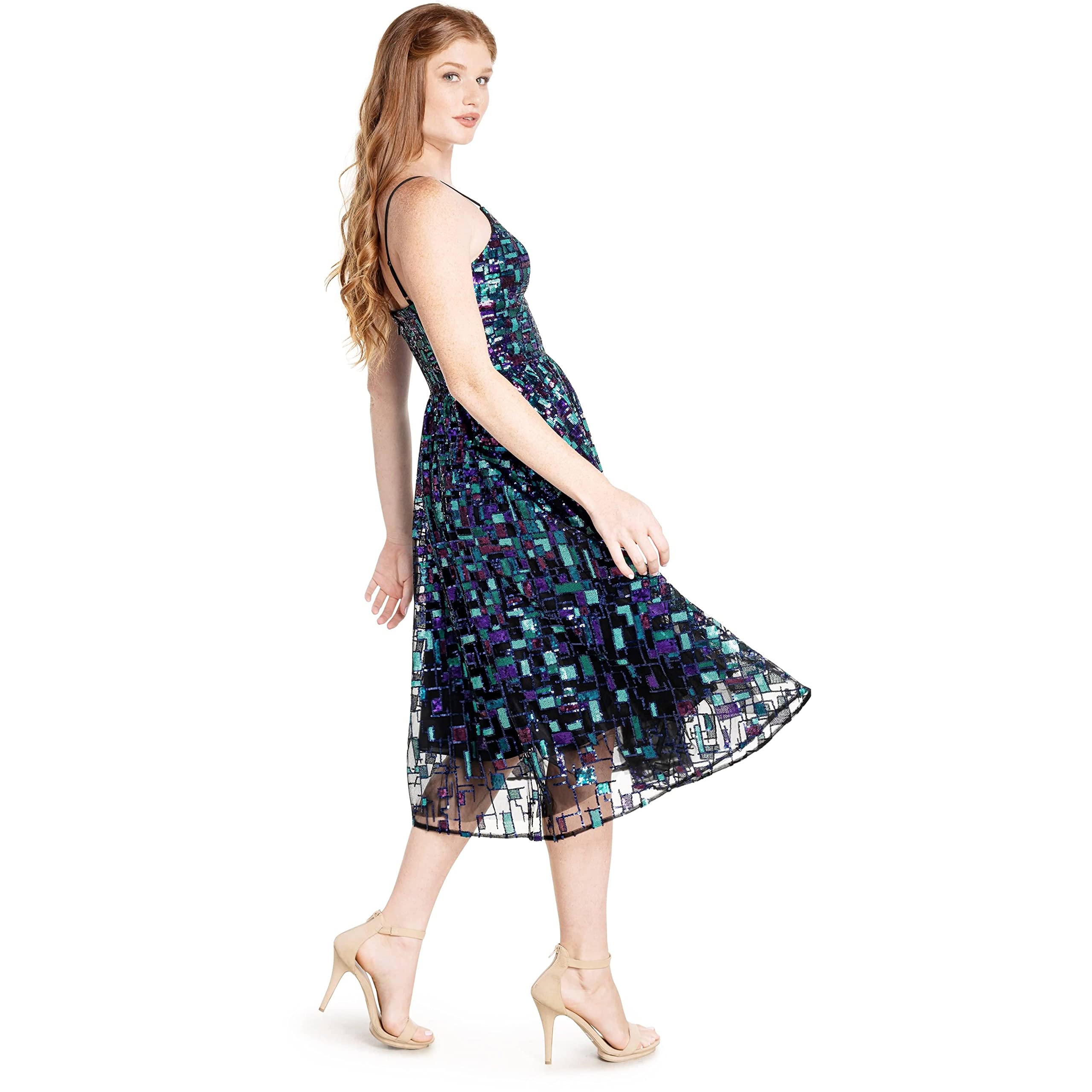 Dress The Population Women's Maren Fit and Flare Midi Dress: Medium Violet Multi