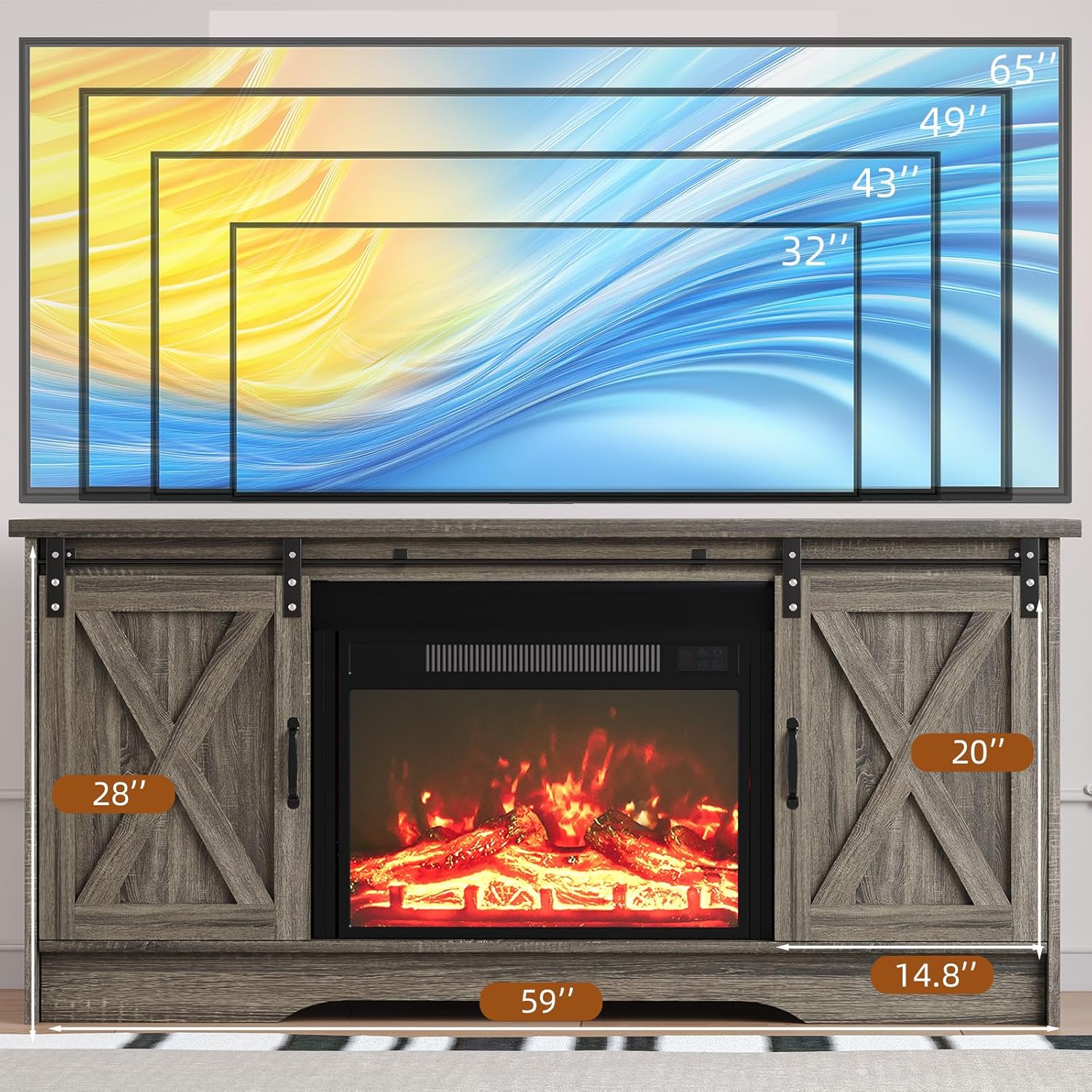 4 EVER WINNER Entertainment Center with Fireplace for 65" TV, Sliding Barn Door, Farmhouse Fireplace TV Stand with Adjustable Storage Cabinets, TV Console Table for Living Room, Wash Grey