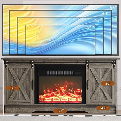 Miniatura 5 de 4 EVER WINNER Centro de entretenimiento con chimenea para TV de 65 pulgadas, puerta corrediza de granero, soporte de TV con chimenea de granja con
