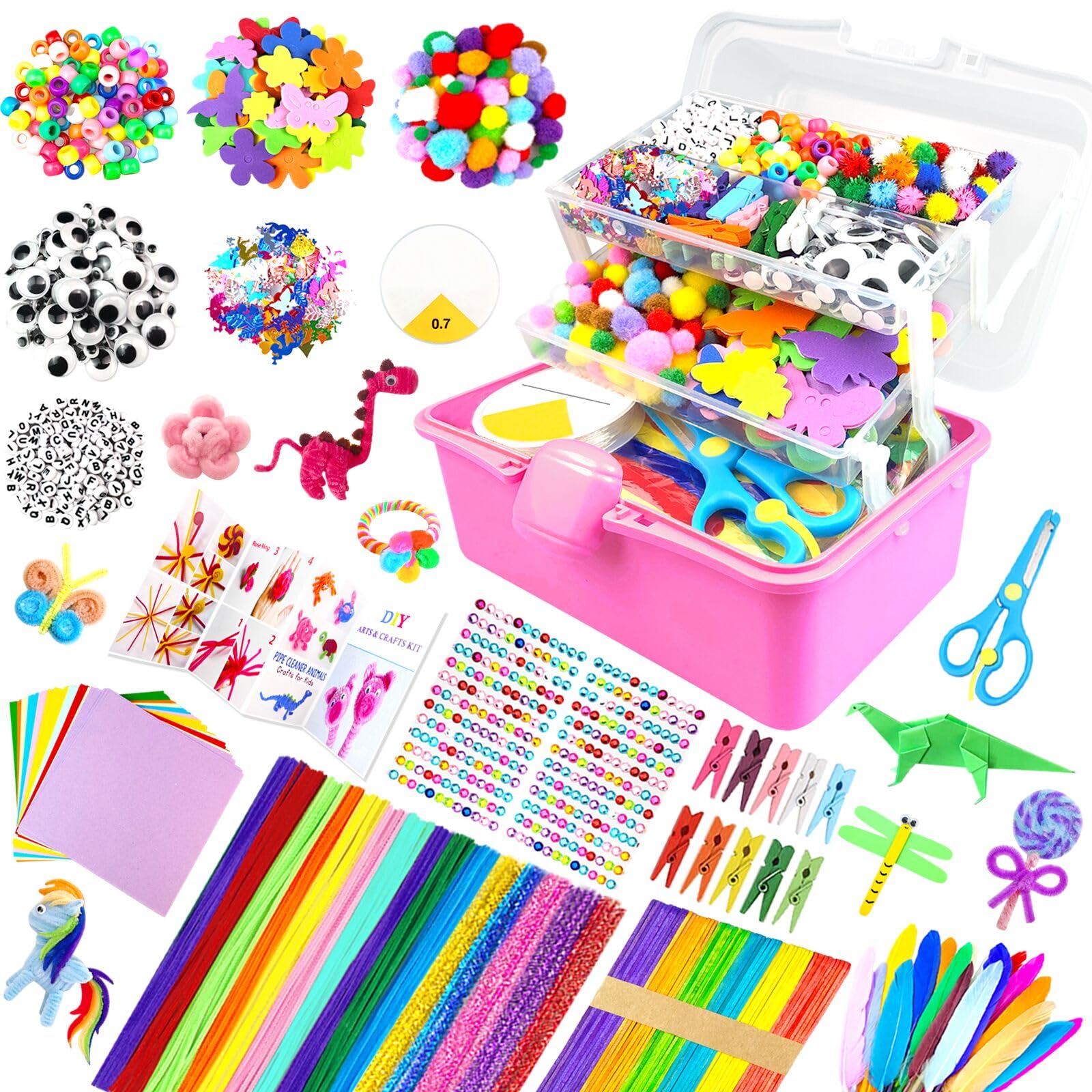 3000Pcs Craft Kits for Kids All in 1 Arts and Crafts Supplies for Kids 3-layered Craft Box with Pipe Cleaners DIY Crafting Homeschool Supply Toys Gifts for Girls & Boys Ages 4 5 6 7 8 9 10 11 12