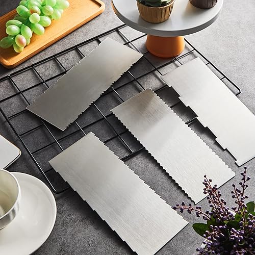 Miniatura 7 de 4 piezas de rascador de pasteles de acero inoxidable de 9 pulgadas, grande, doble cara, borde de rayas, raspador más suave, peine para decoración de