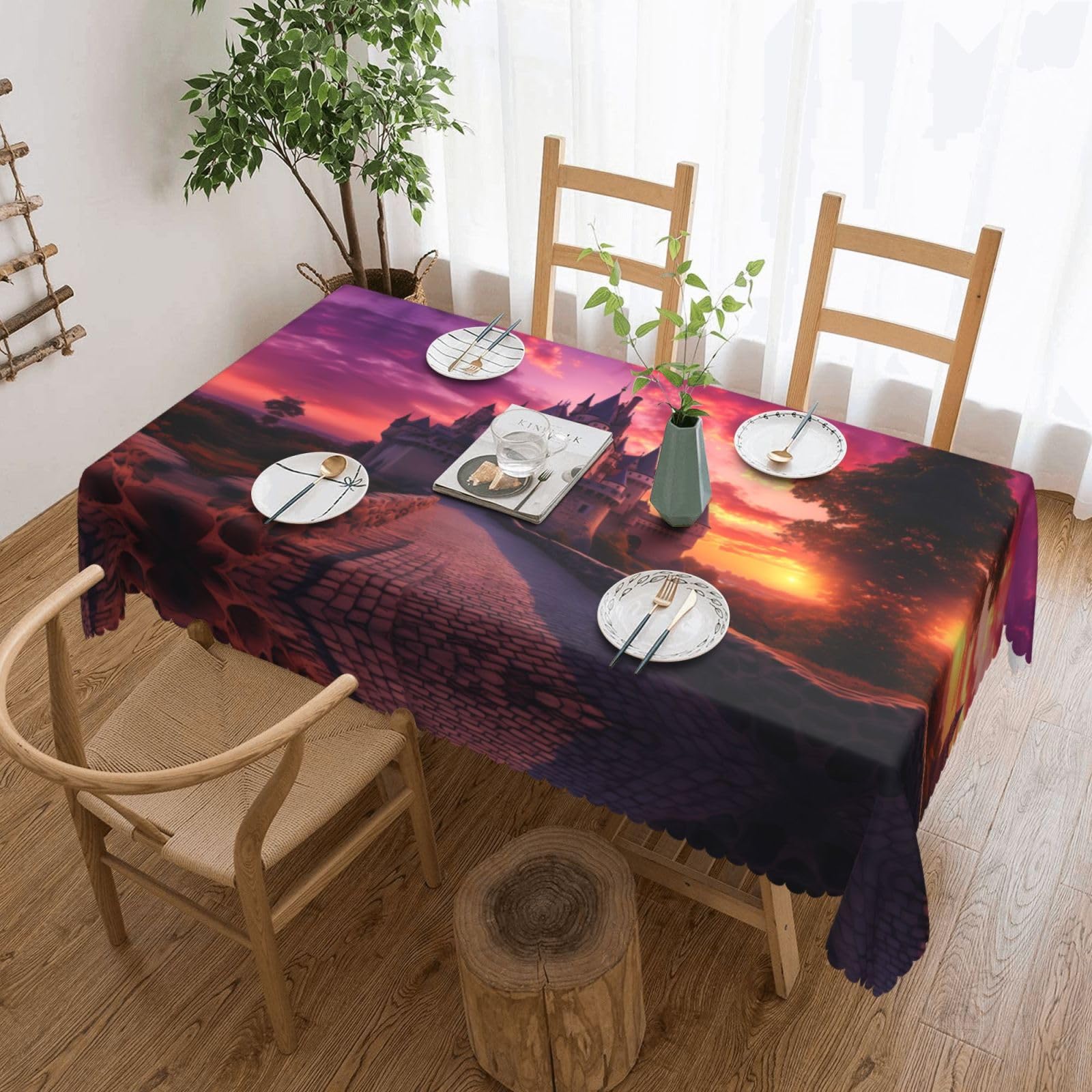 HLBSDM Castle at Sunset Square Lace Tablecloth, 54x72 Inch Restaurant Decorative Tablecloth, Party Banquet Indoor and Outdoor Universal Tablecloth