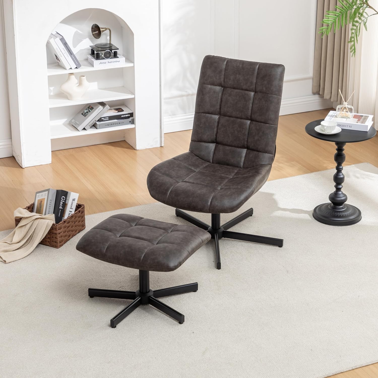 Roundhill Furniture Arlena 2-Piece Seating Set, Faux Leather Tufted Accent Chair and Ottoman, Brown