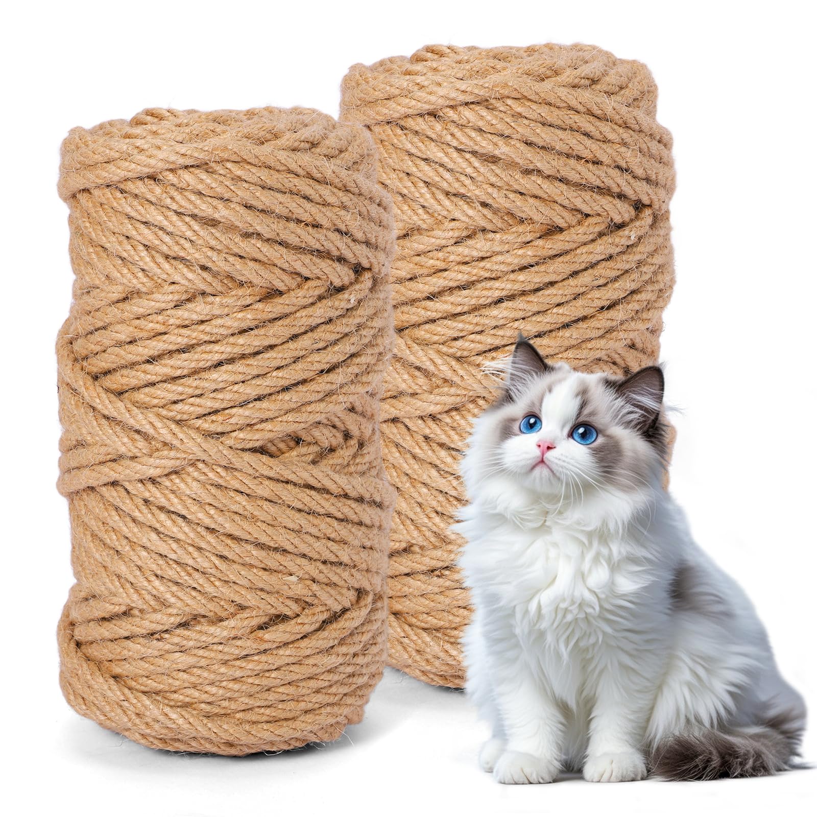 Vexaflow Pack of 2 Sisal Rope, Natural Hemp Rope, 50m x 6mm, for Cat Scratching Post, Scratching Barrel, DIY Cat Tree Repair, Garden Bundling, Craft Decoration and Hammock