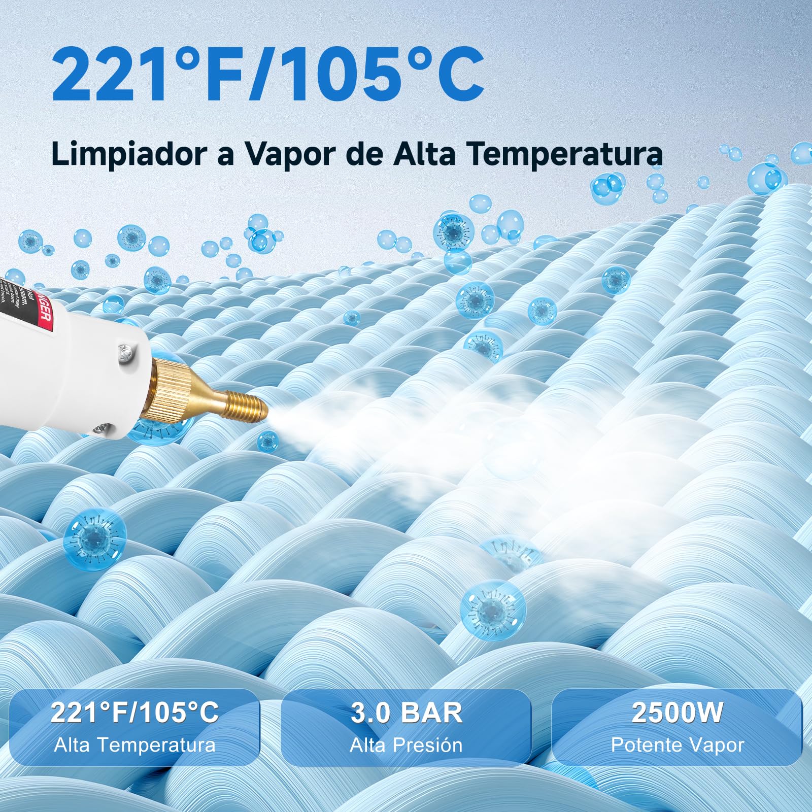 2500W Limpiador a Vapor Portátil, 9 Velocidades Ajustables, con 9 Accesorios, 1,2L Depósito Agua Grande, Steam Cleaner para Baño Patio Azulejos Juntas Suelos (Blanco)