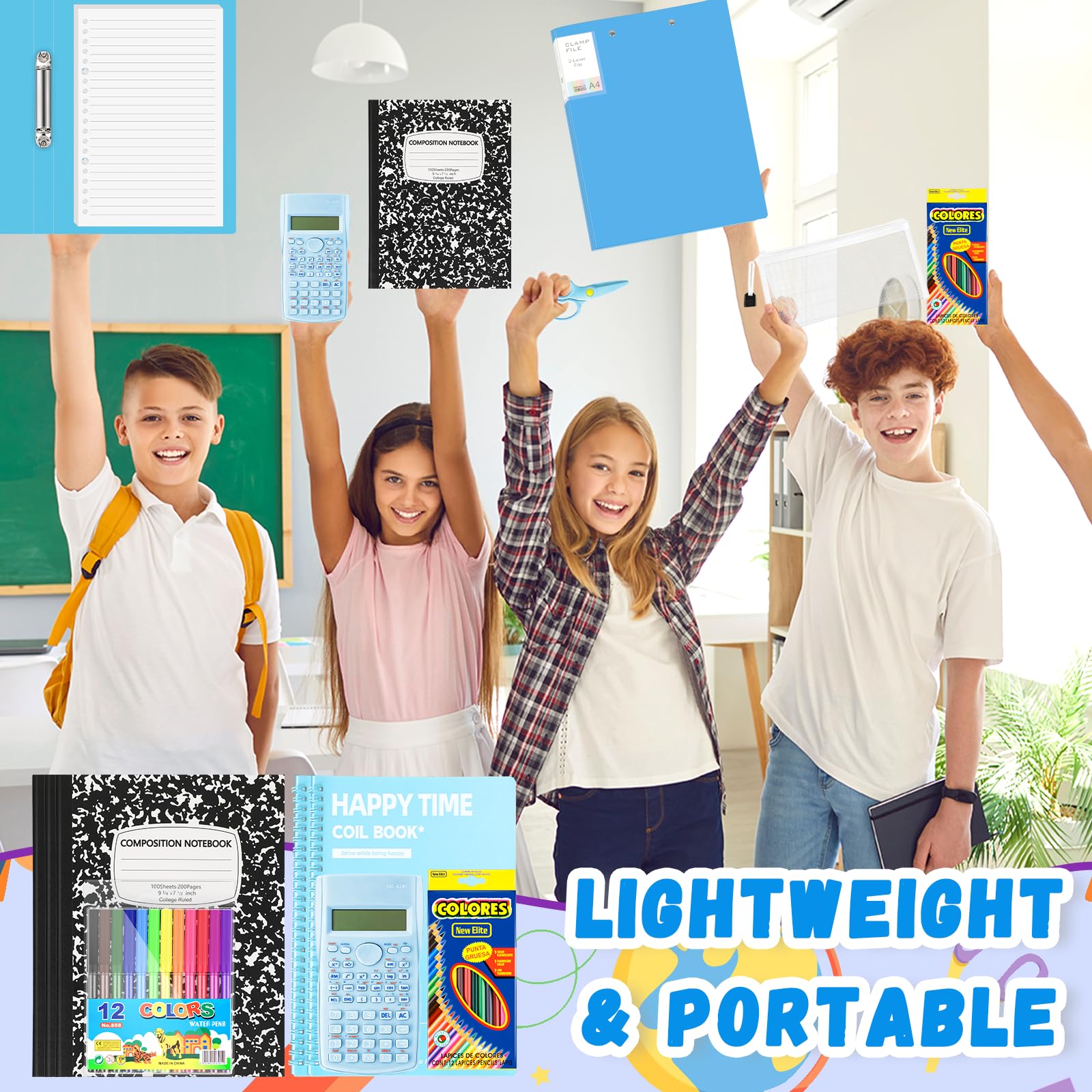 Kit de fournitures pour la rentrée scolaire pour la 7e à la 12e année avec cahiers, dossier, calculatrice, stylos, crayons, notes adhésives et fournitures d'organisation d'étude