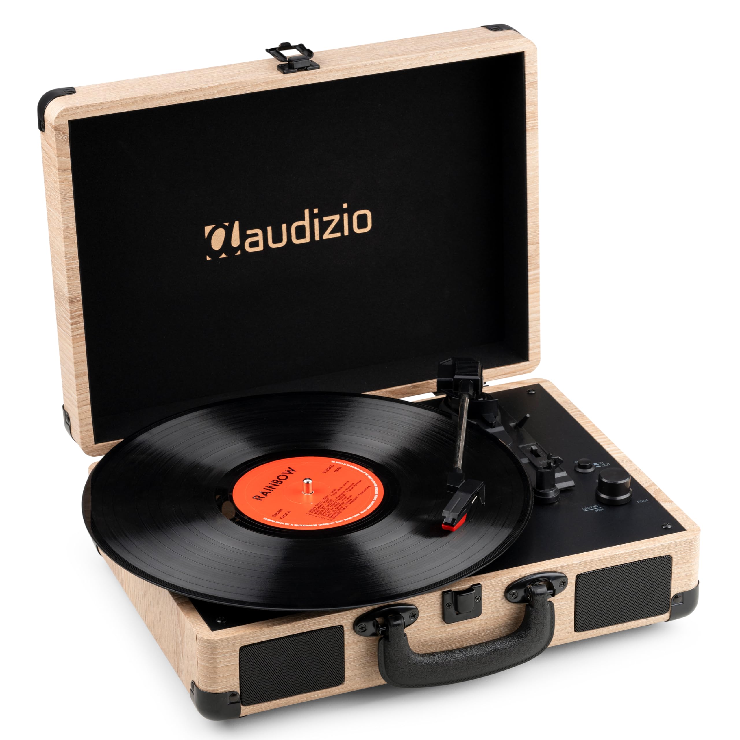Audizio RP116LW Tocadiscos Retro con Bluetooth In/out, USB para MP3, Altavoz Integrado y 3 Velocidades – Maletín Reproductor de Vinilo en Acabado Madera Clara Ideal para Música, Estilo Vintage