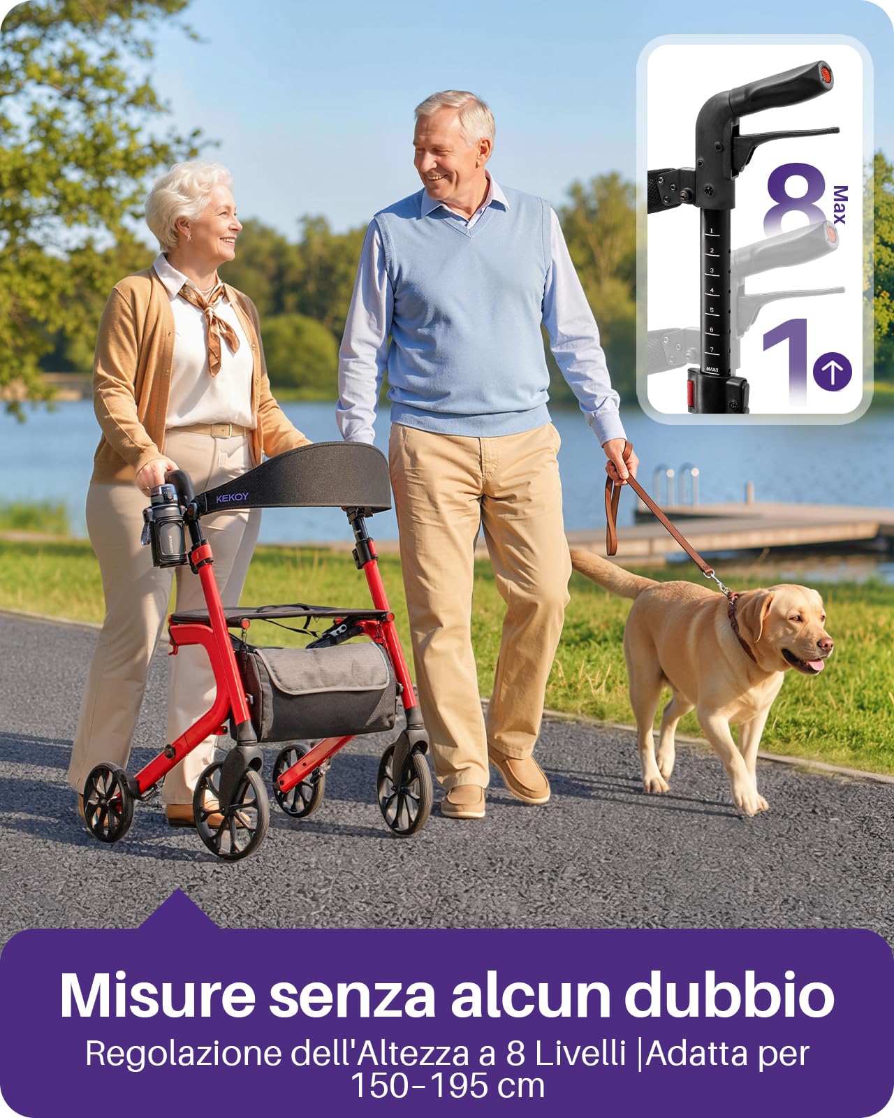 Kekoy Deambulatore per Anziani 4 Ruote con Seduta, Pieghevole, 181 kg Portata, Sedile 44 cm Largo, Ruote 25 cm Per Tutti I Terreni, Altezza Regolabile, Freni con Cavi Nascosti, Portaoggetti, Rosso