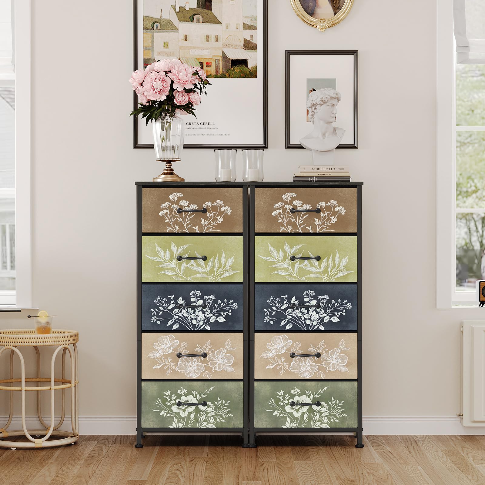 Cajonera de tela con 5 cajones de tela con diseño floral para dormitorio, sala de estar, habitación infantil y pasillo