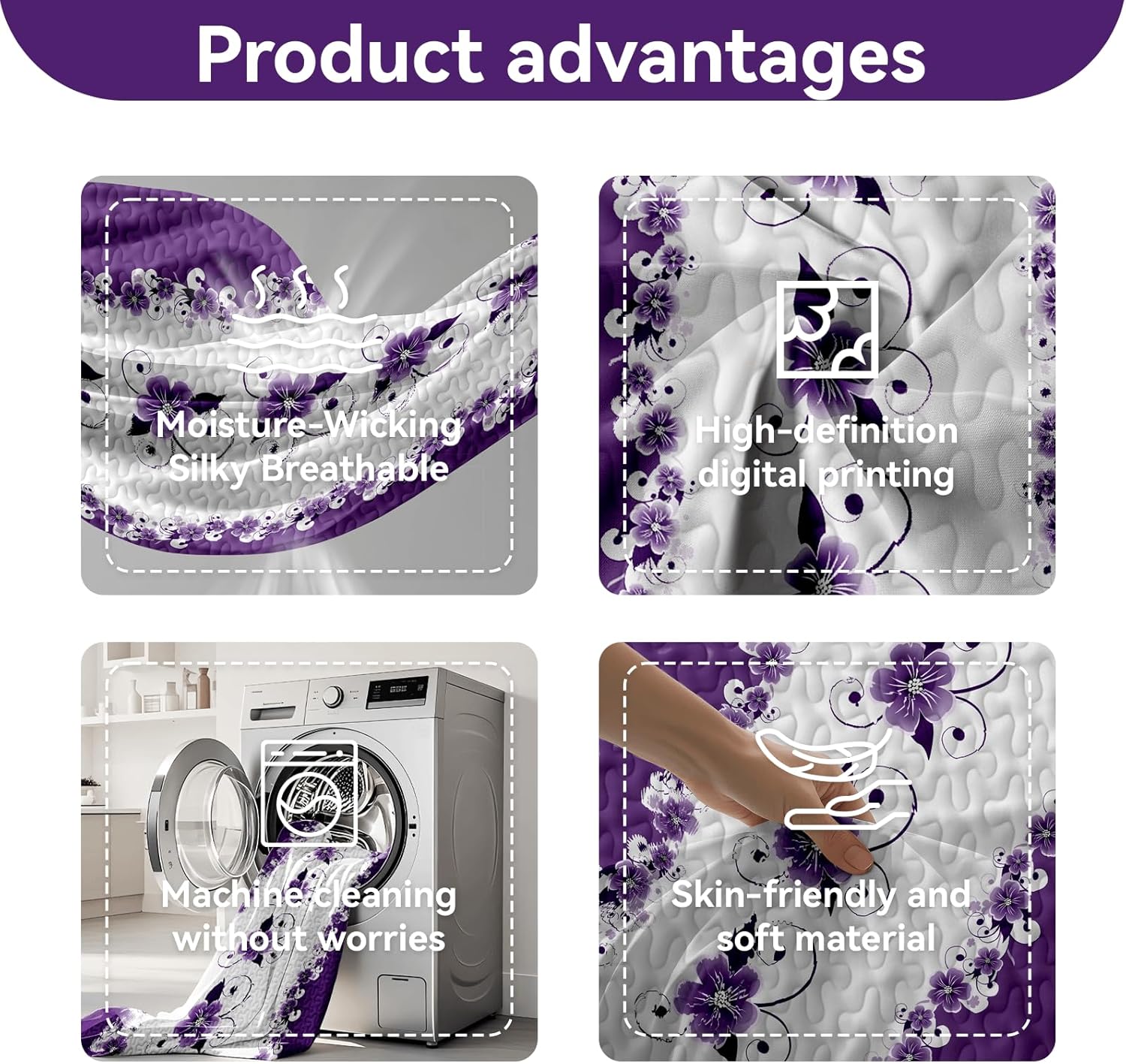 CozyCreatures Vintage Boho Purple White Floral Queen Comforter Set, 9-Piece Bed in a Bag with Curtains, Brushed Microfiber Bedspread Set with Matching Curtains for Master Bedroom, Machine Washable