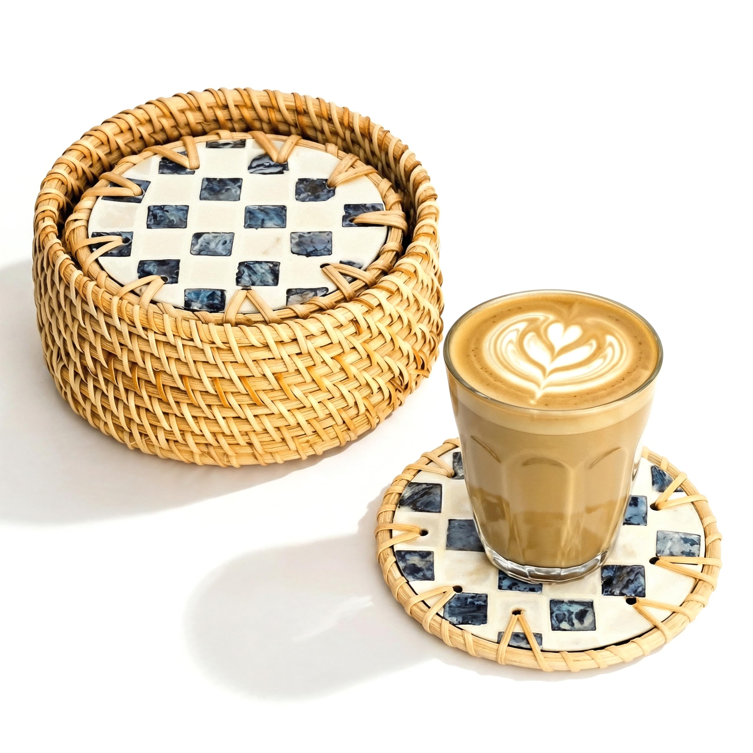 JUNGLE CULTURE Mother of Pearl Rattan Coasters for Drinks with Holder • Handmade Round Coaster Set of 6 • Sustainable Homeware • Coffee Table, Tiki Bar, Mugs, Glasses, Cups • Coastal Boho - Drift