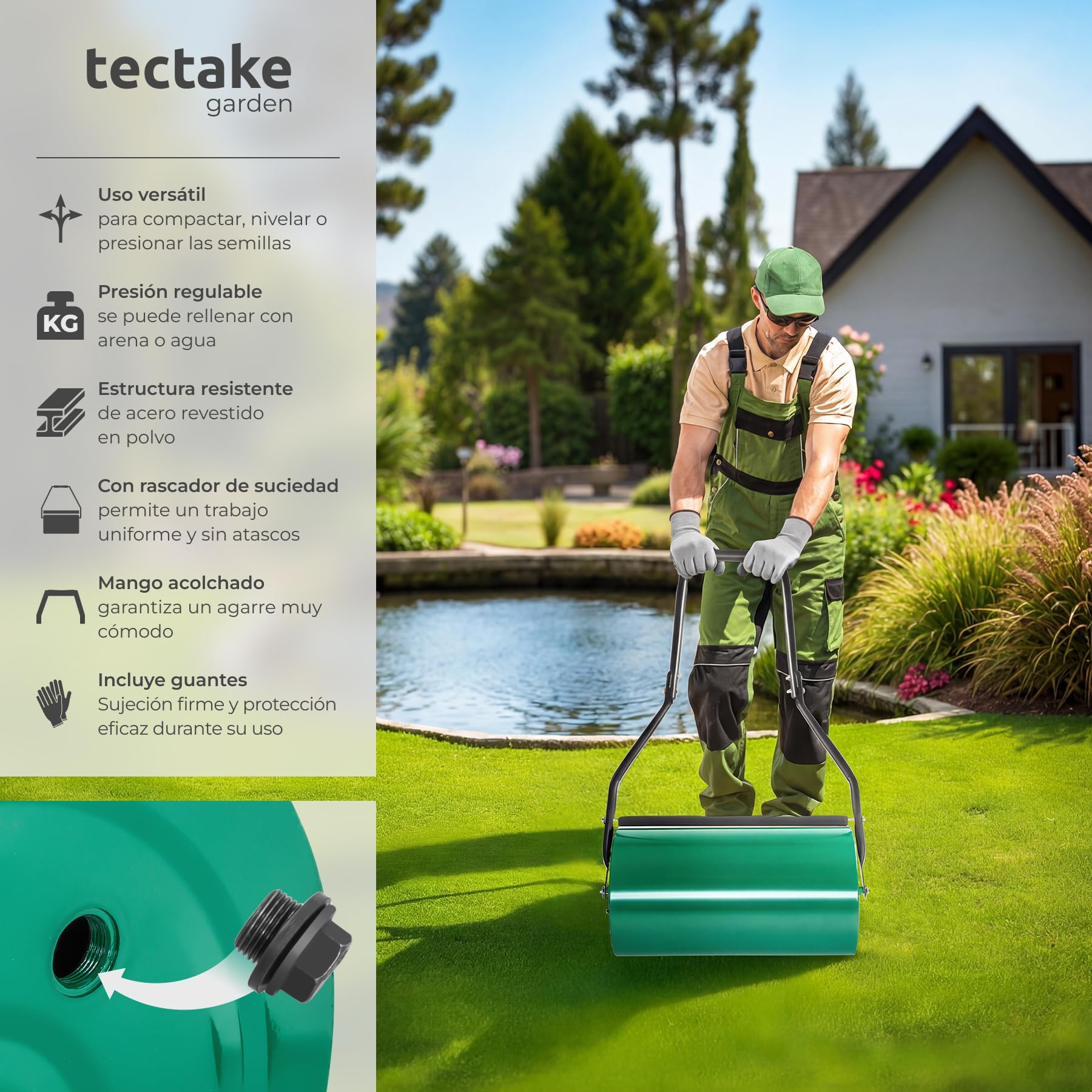 tectake Rodillo de Césped de Metal 60 cm de Ancho para Remover la Tierra para Plantas, con Rascador de Suciedad, Rodillo Compactador Tierra, Mango Acolchado, Decoracion Jardin Exterior - 50 litros