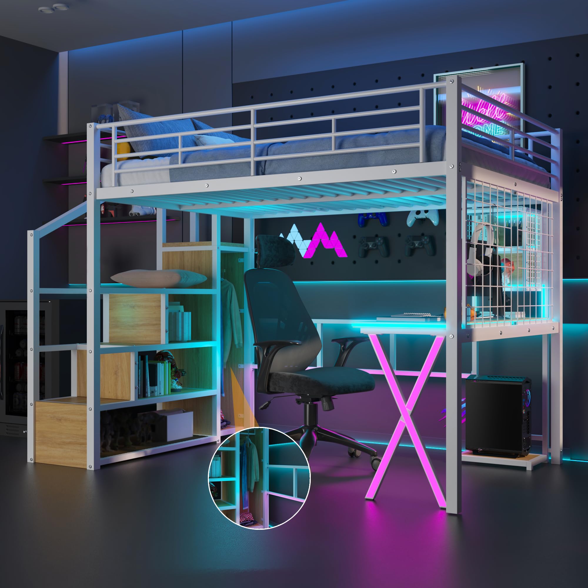 SOFTSEA Full Metal Loft Bed with Storage Stairs & LED Lights for Kids Teens Adults White
SOFTSEA Gaming Loft Bed with De