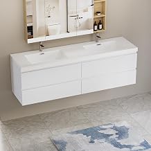 Yozma 72 Inch Floating Bathroom Vanity, Bathroom Vanity with Sink, Glossy White Wood Cabinet, Wall Mounted Storage, Resin One Piece Basin, 4 Soft Close Drawers