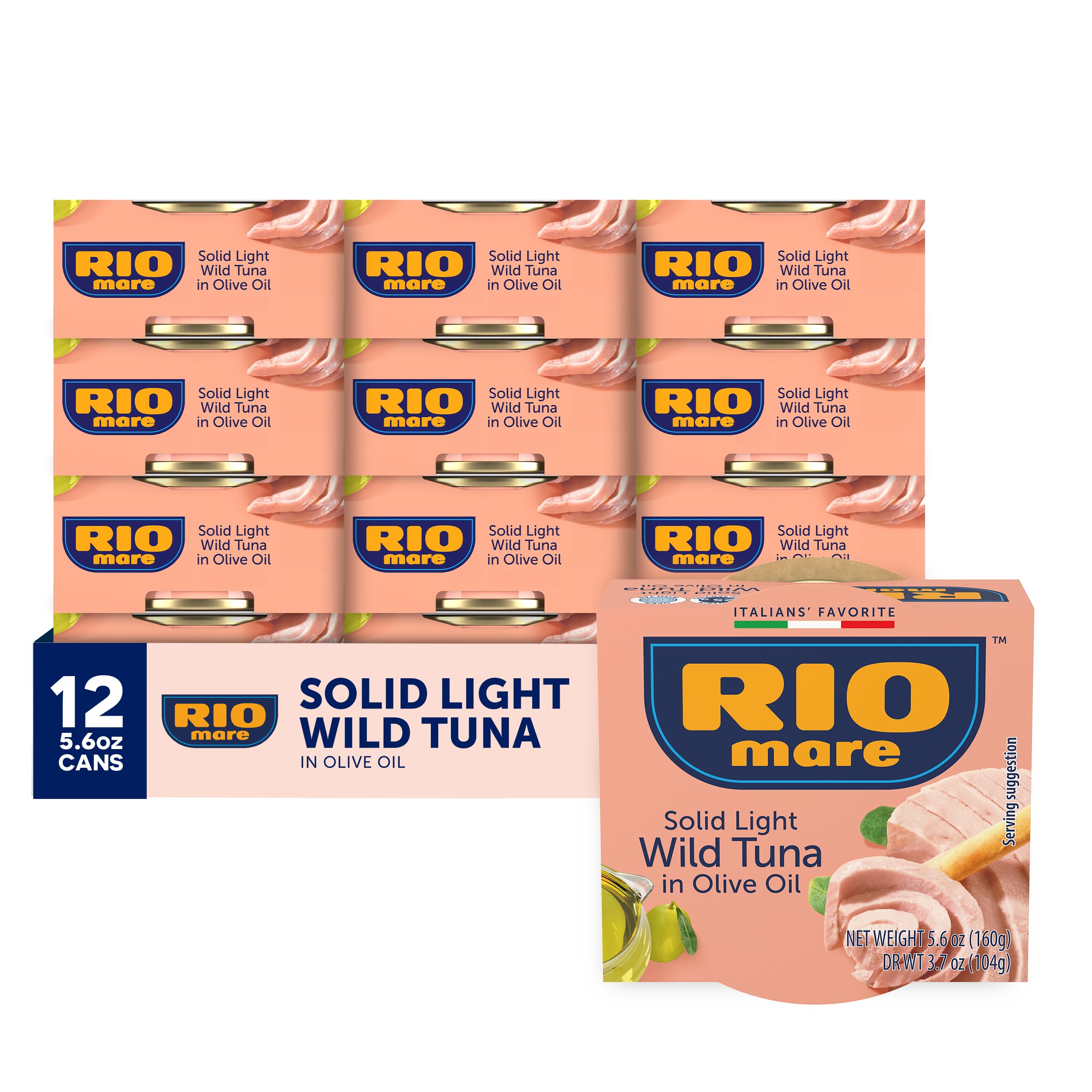 Rio Mare Solid Light Skipjack Tuna in Olive Oil, 5.6 Ounce Can (Pack of 12), Italy's No.1 Tuna Brand, Wild Caught, High Protein Canned Tuna