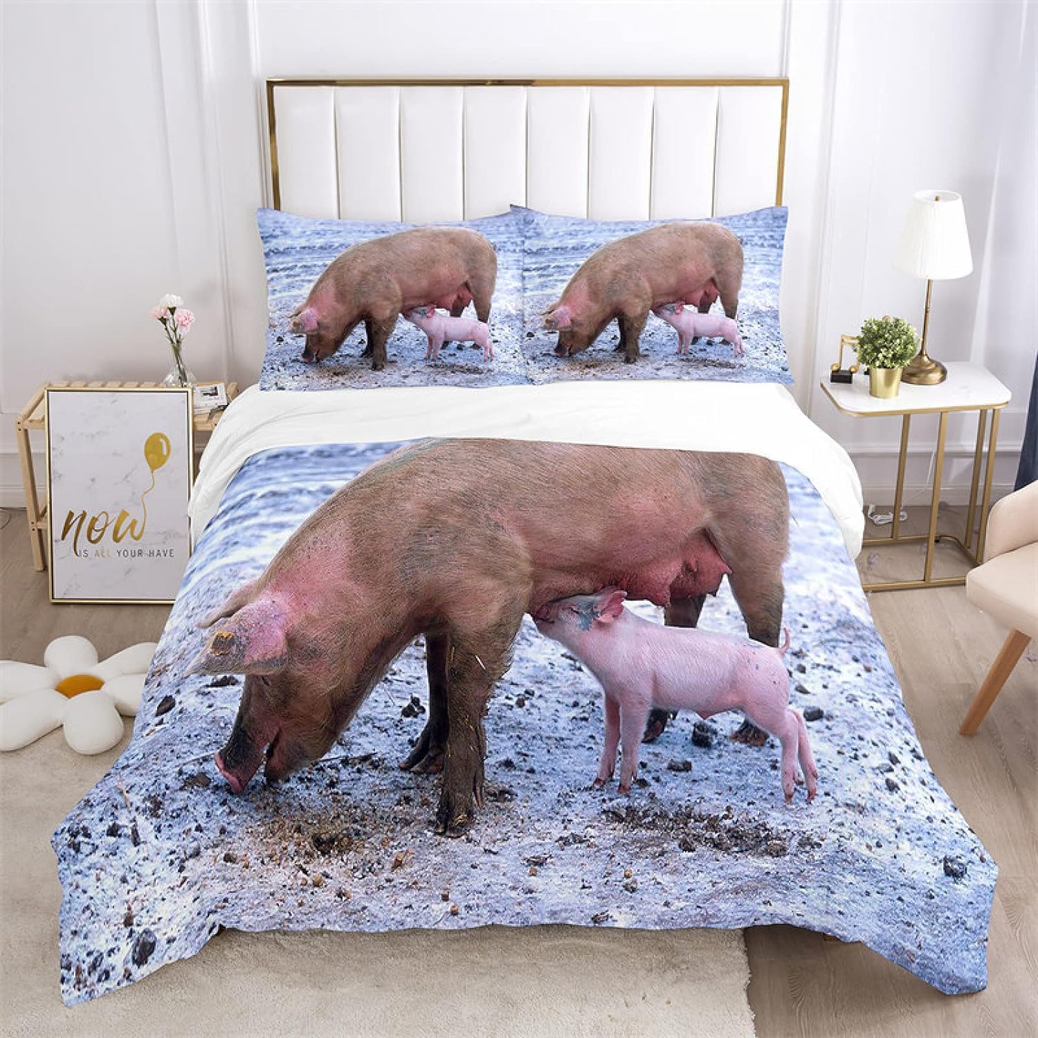 Housse de couette cochon lit 1 personne 140x200 en microfibre douce facile à repasser